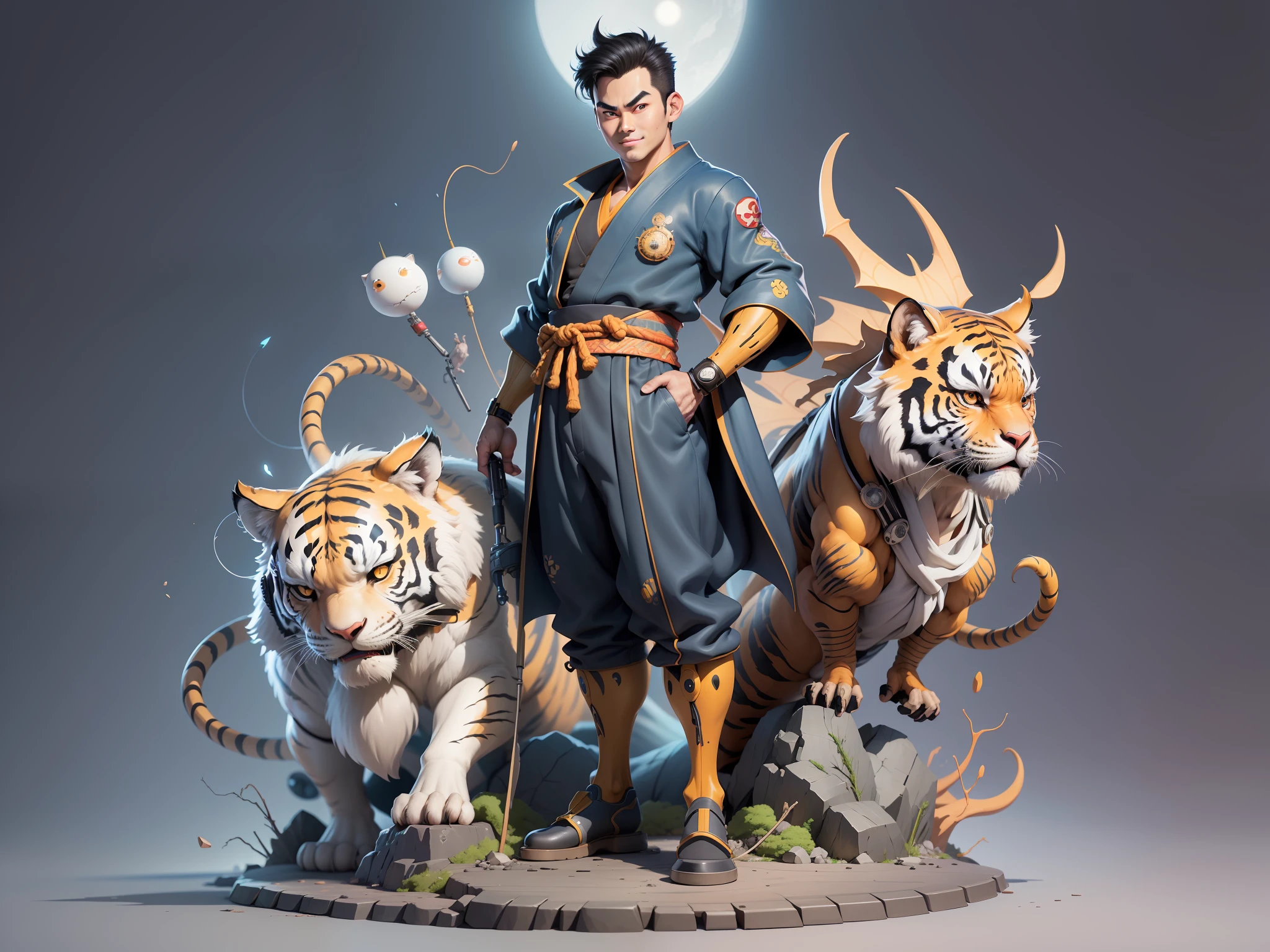 (Masterpiece), (Excellent), (Super Meticulous), (Full Body: 1.2), Super Young Man, Oriental Face, Japanese Kimono, Japanese Wind Thunder God, Dragon, Tiger, TV Anchor, Bust Portrait Illustration, Alone, Black Suit, Blue Tie, Slightly Chubby Face, Very Clean Face, No Beard, Black Super Short Hair, Black Eyes, Confident Smile, 3c Computer Sub-Products, iPad, iPhone, Digital Painting, 3D Character Design by Akira Toriyama and Mark Claireden and Pixar and Hayao Miyazaki, The illustration is a high-definition illustration in 4K resolution with very detailed facial features and cartoon-style visuals.