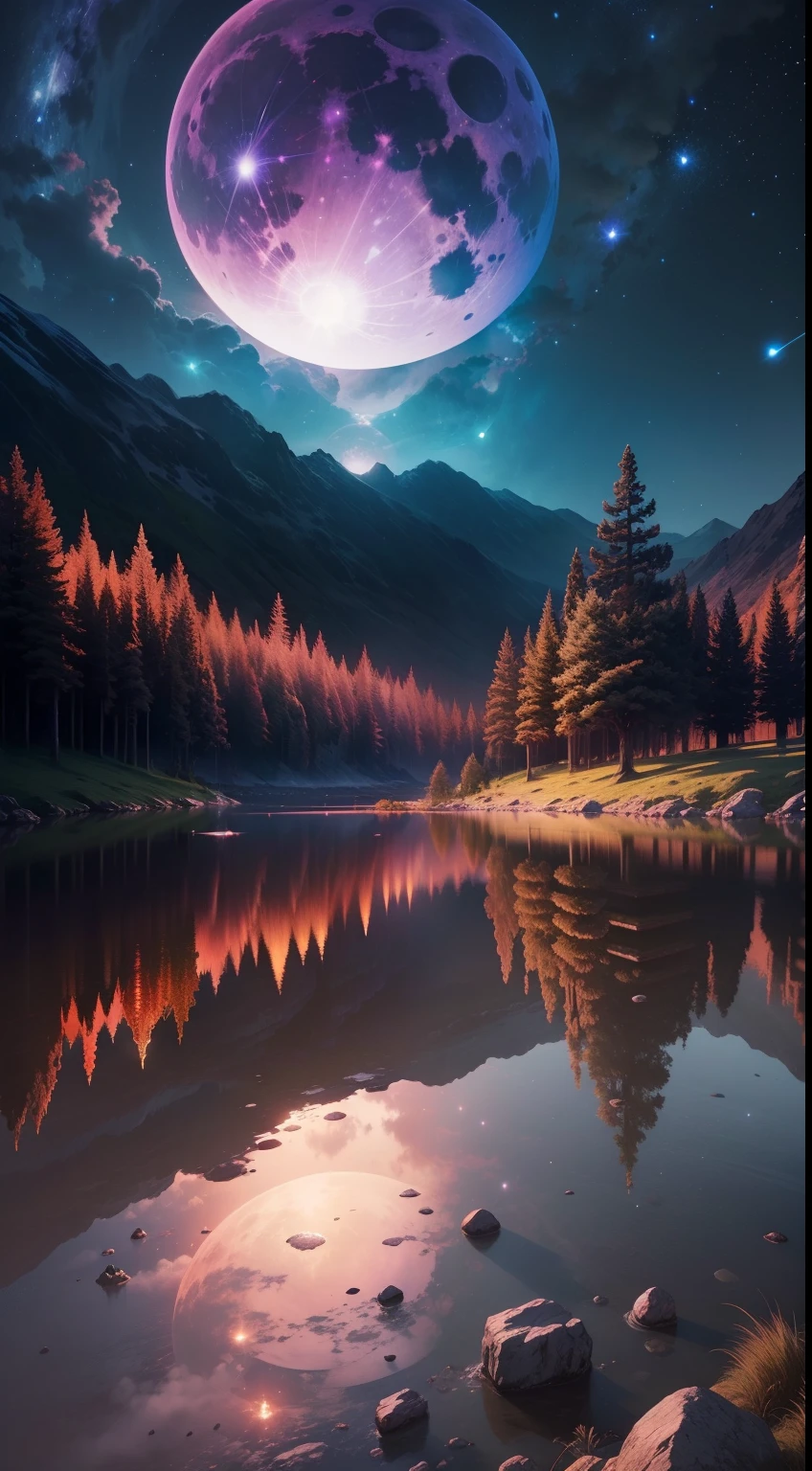 top-quality、Top resolution、Vast landscape photos、fullmoon、meteors、nebulas、ren、nobara、dream-like、Magical
