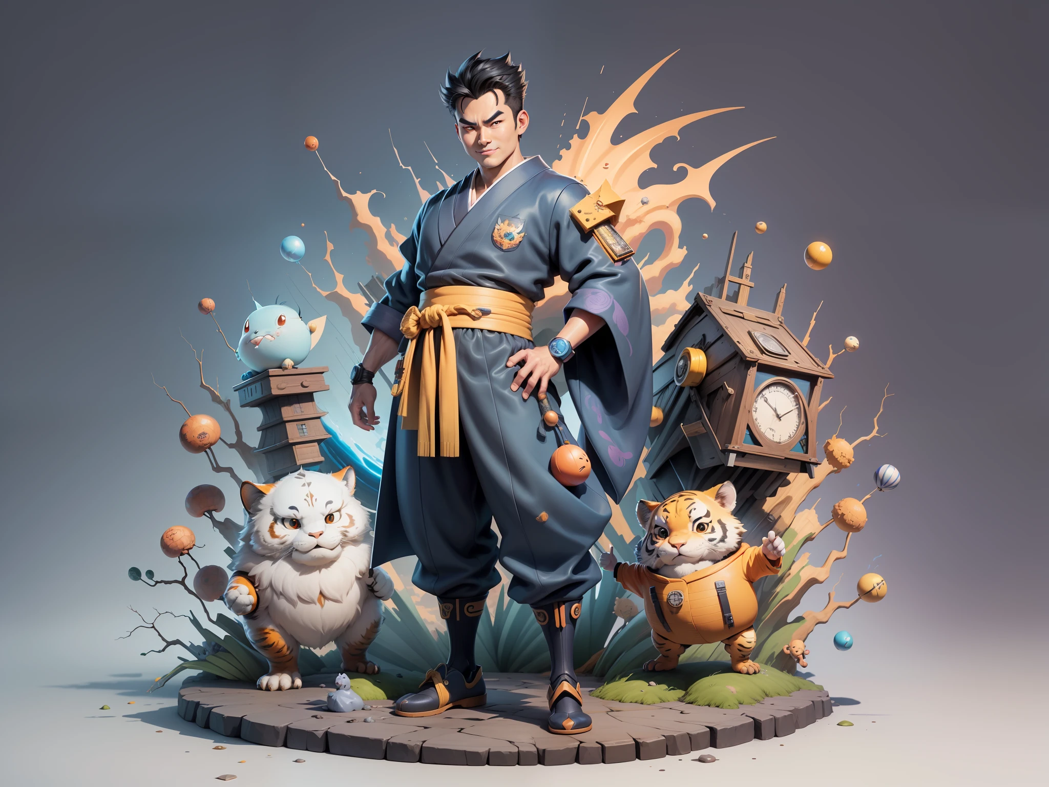 (Masterpiece), (Excellent), (Super Meticulous), (Full Body: 1.2), Super Young Man, Oriental Face, Japanese Kimono, Japanese Wind Thunder God, Dragon, Tiger, TV Anchor, Bust Portrait Illustration, Alone, Black Suit, Blue Tie, Slightly Chubby Face, Very Clean Face, No Beard, Black Super Short Hair, Black Eyes, Confident Smile, 3c Computer Sub-Products, iPad, iPhone, Digital Painting, 3D Character Design by Akira Toriyama and Mark Claireden and Pixar and Hayao Miyazaki, The illustration is a high-definition illustration in 4K resolution with very detailed facial features and cartoon-style visuals.