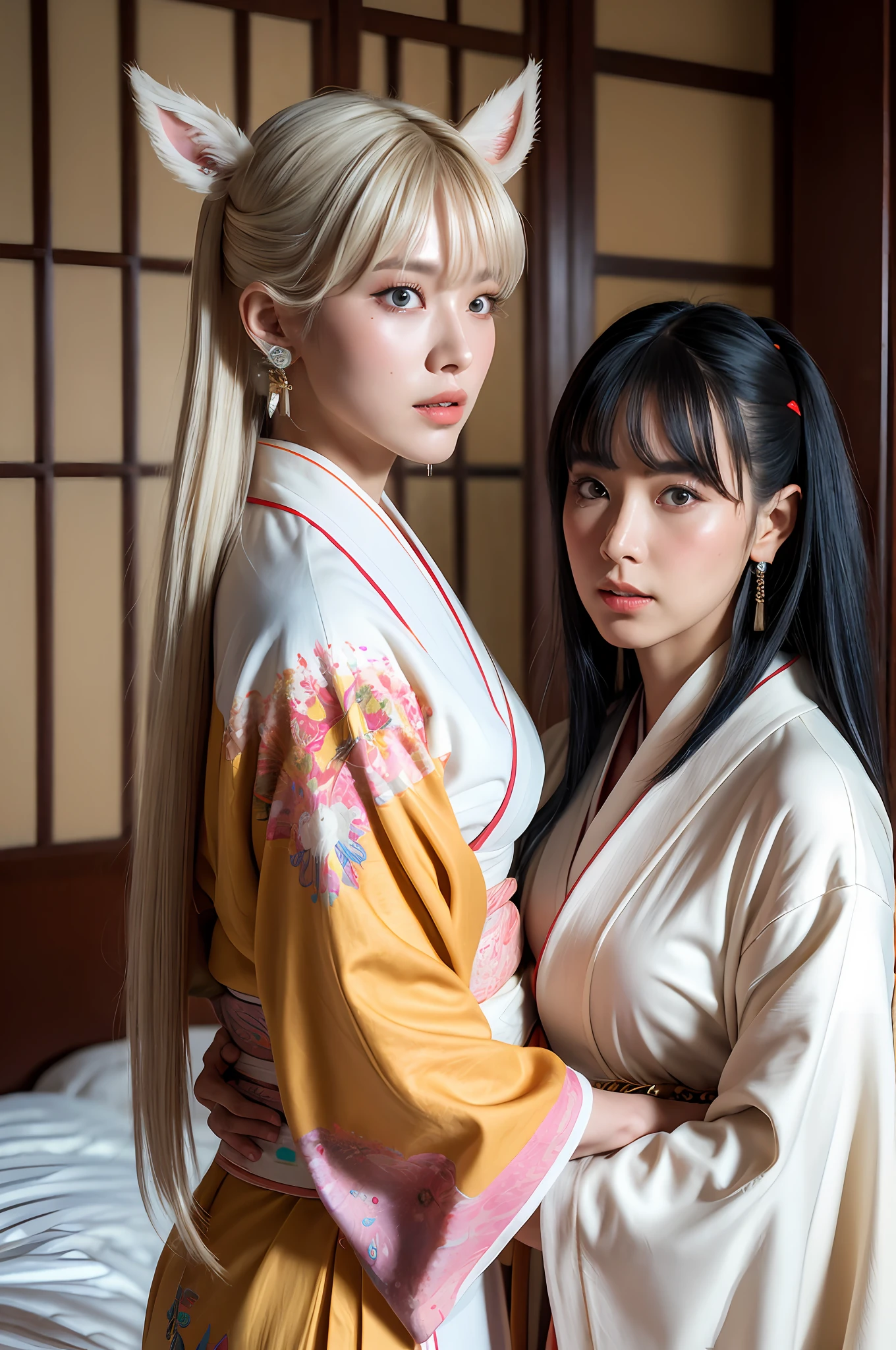 Concept Art, "1 Couple, Male Focus, Fin Ears, Multicolored Hair, Handsome Boy, Long White Hair, Tassels, Bangs, Carp, Colorful, Bold Colors, White Kimono, (Open) Kimono, Traditional Chinese Clothing, Close-up, Intimate Interaction in Bed, Stud Earrings, Rings, Sweat, Illuminate People", Colorful, Master Composition, Focus on Key Figures, Realism, Masterpiece, Award-Standing, Best Quality, Masterpiece, Ultra Detailed, 8K, Extremely Detailed CG Unity 8k wallpaper, complex, highly detailedrealistic