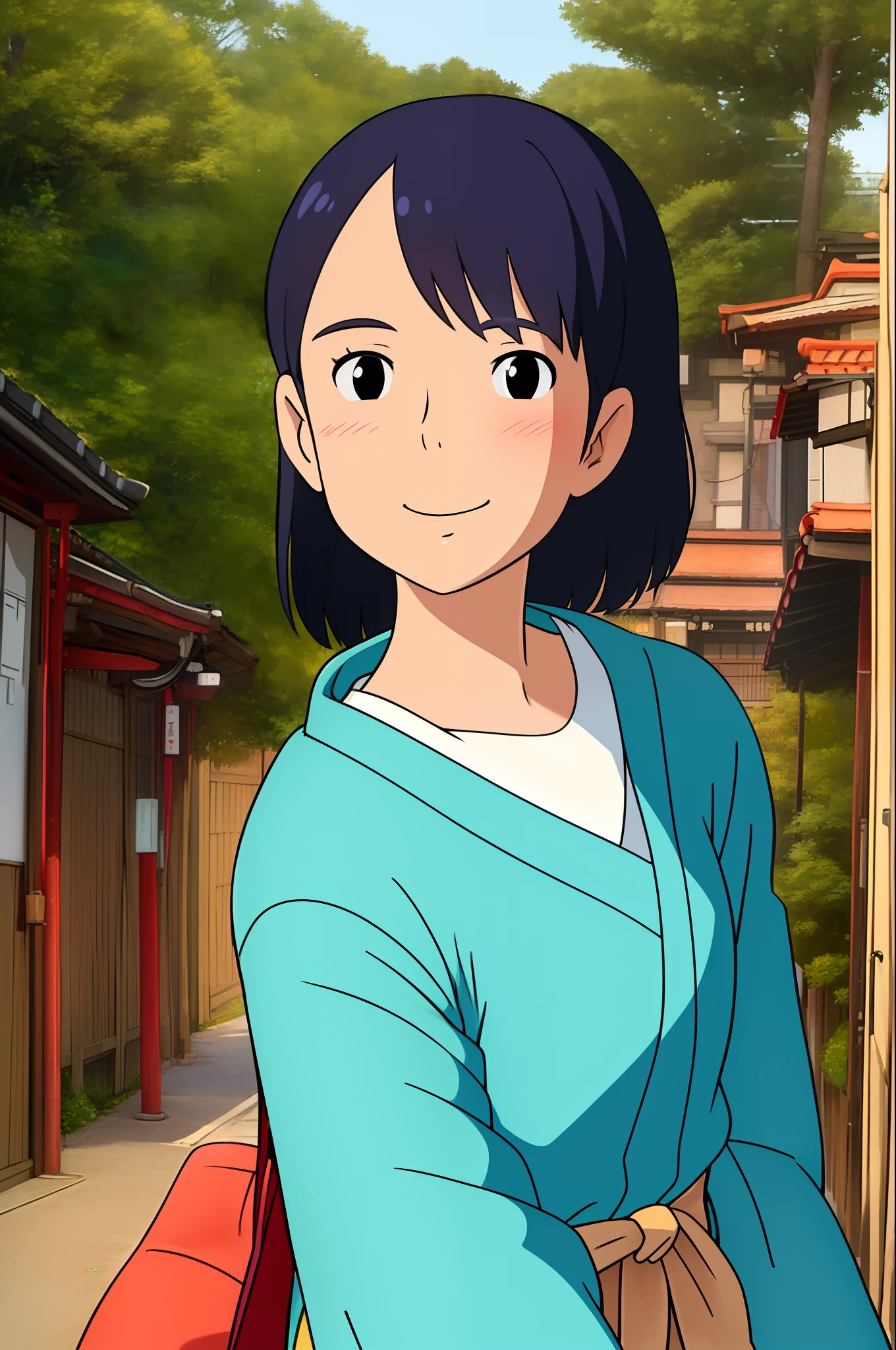 ((best quality)), ((masterpiece)), (detailed),
1girl,Japanese style, casual, upper body, smile, greeting, blushing, street
miyazaki hayao ,