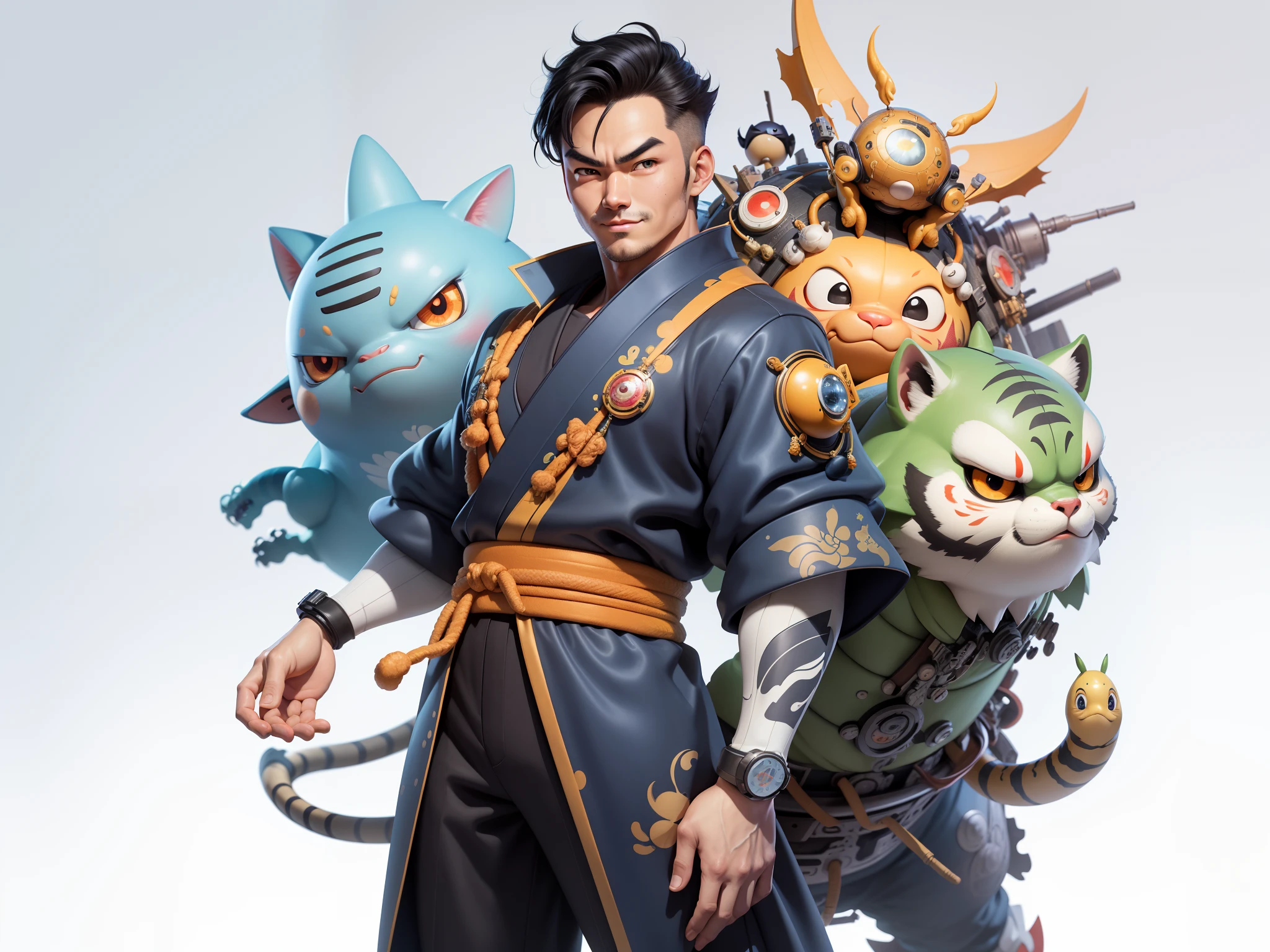 (Masterpiece), (Excellent), (Super Meticulous), (Full Body: 1.2), Super Young Man, Oriental Face, Japanese Kimono, Japanese Wind Thunder God, Dragon, Tiger, TV Anchor, Bust Portrait Illustration, Alone, Black Suit, Blue Tie, Slightly Chubby Face, Very Clean Face, No Beard, Black Super Short Hair, Black Eyes, Confident Smile, 3c Computer Sub-Products, iPad, iPhone, Digital Painting, 3D Character Design by Akira Toriyama and Mark Claireden and Pixar and Hayao Miyazaki, The illustration is a high-definition illustration in 4K resolution with very detailed facial features and cartoon-style visuals.