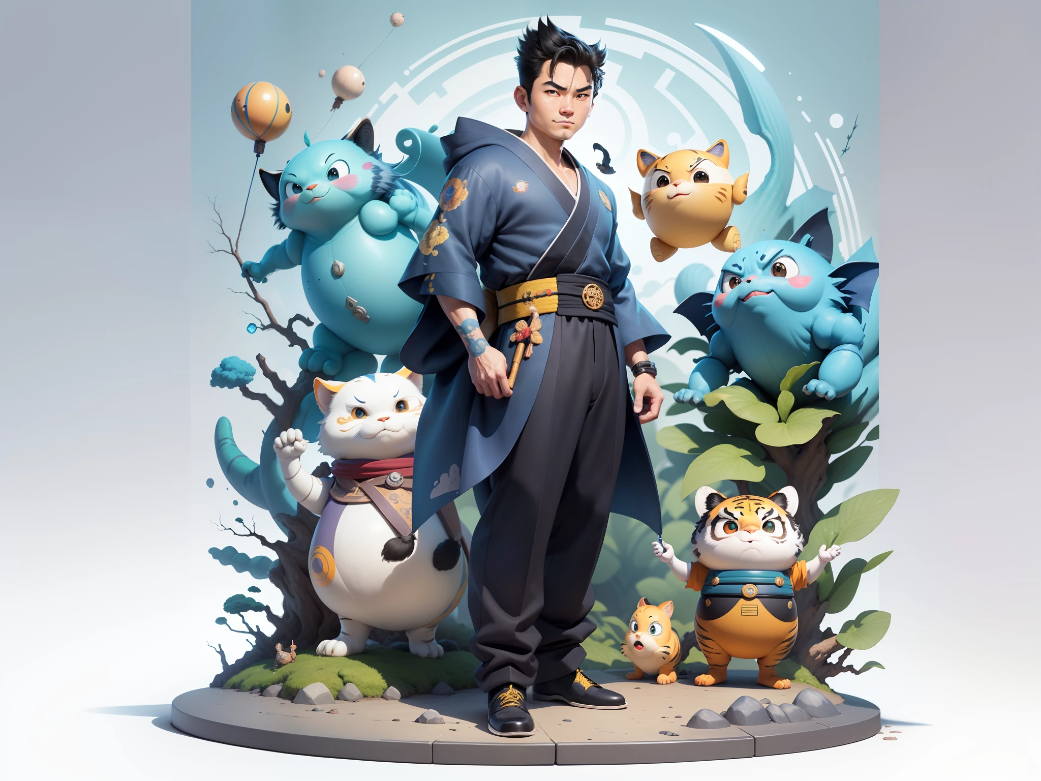 (Masterpiece), (Excellent), (Super Meticulous), (Full Body: 1.2), Super Young Man, Oriental Face, Japanese Kimono, Japanese Wind Thunder God, Dragon, Tiger, TV Anchor, Bust Portrait Illustration, Alone, Black Suit, Blue Tie, Slightly Chubby Face, Very Clean Face, No Beard, Black Super Short Hair, Black Eyes, Confident Smile, 3c Computer Sub-Products, iPad, iPhone, Digital Painting, 3D Character Design by Akira Toriyama and Mark Claireden and Pixar and Hayao Miyazaki, The illustration is a high-definition illustration in 4K resolution with very detailed facial features and cartoon-style visuals.