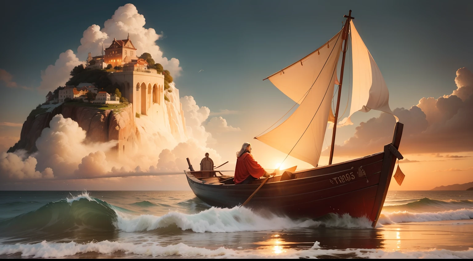 Jesus Christ is standing next to an old wooden boat. The sea is rough and the waves are crashing into the boat. Jesus is wearing a white robe and holding an oar with his right hand. His face is serene and he's staring at the horizon. The sun is setting behind him and the sky is full of warm colors like orange, rosa e vermelho. There is an ancient city in the background with low buildings and narrow streets surrounded by walls.”