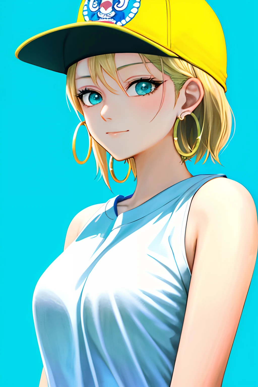 oda eiichirou, masterpiece, best quality, 1girl, aqua eyes, baseball cap, blonde hair, closed mouth, earrings, green background, hat, hoop earrings, jewelry, looking at viewer, shirt, short hair, simple background, solo, upper body, yellow shirt