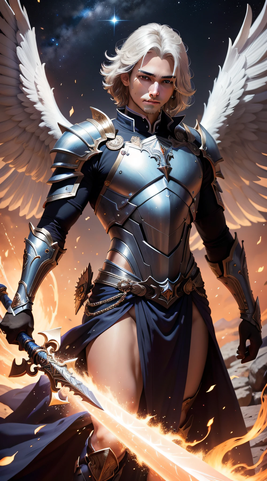 From the depths of the cosmic ether, emerge um anjo masculino de beleza transcendente. Suas asas brilham como estrelas distantes, irradiando uma luz divina que ilumina o vazio ao seu redor. Seus cabelos de platina caem sobre ombros largos e musculosos, and his deep eyes reflect the wisdom of the cosmic ages.
Vestido em uma armadura celestial completa, His presence is imposing and majestic. Each piece of armor seems to be forged from the brightest stars, creating a spectacle of sparkling colors that change as you move. Sacred symbols are engraved on the metal plates, pulsando com uma energia ancestral.
in her hands, ele segura uma espada de prata, whose blade is adorned with interwoven celestial symbols. Cosmic flames dance around the sword, em tons de azul e ouro, emitting heat and energy that seem to emanate from the universe itself. Every movement of the angel is a symphony of grace and strength, his armor and sword shining like beacons in the vacuum of the cosmos.
Ele paira no vazio estrelado, Facing cosmic challenges with determination and courage. His figure is a manifestation of the union between the divine and the cosmic, A keeper of the secrets of the universe. The armor he wears doesn't just protect him, but it also connects you to the primordial energies that flow through all that exists. Cada detalhe, From Armor to Wings, From the flames to the sword, It is an expression of His heavenly nature and transcendent power.