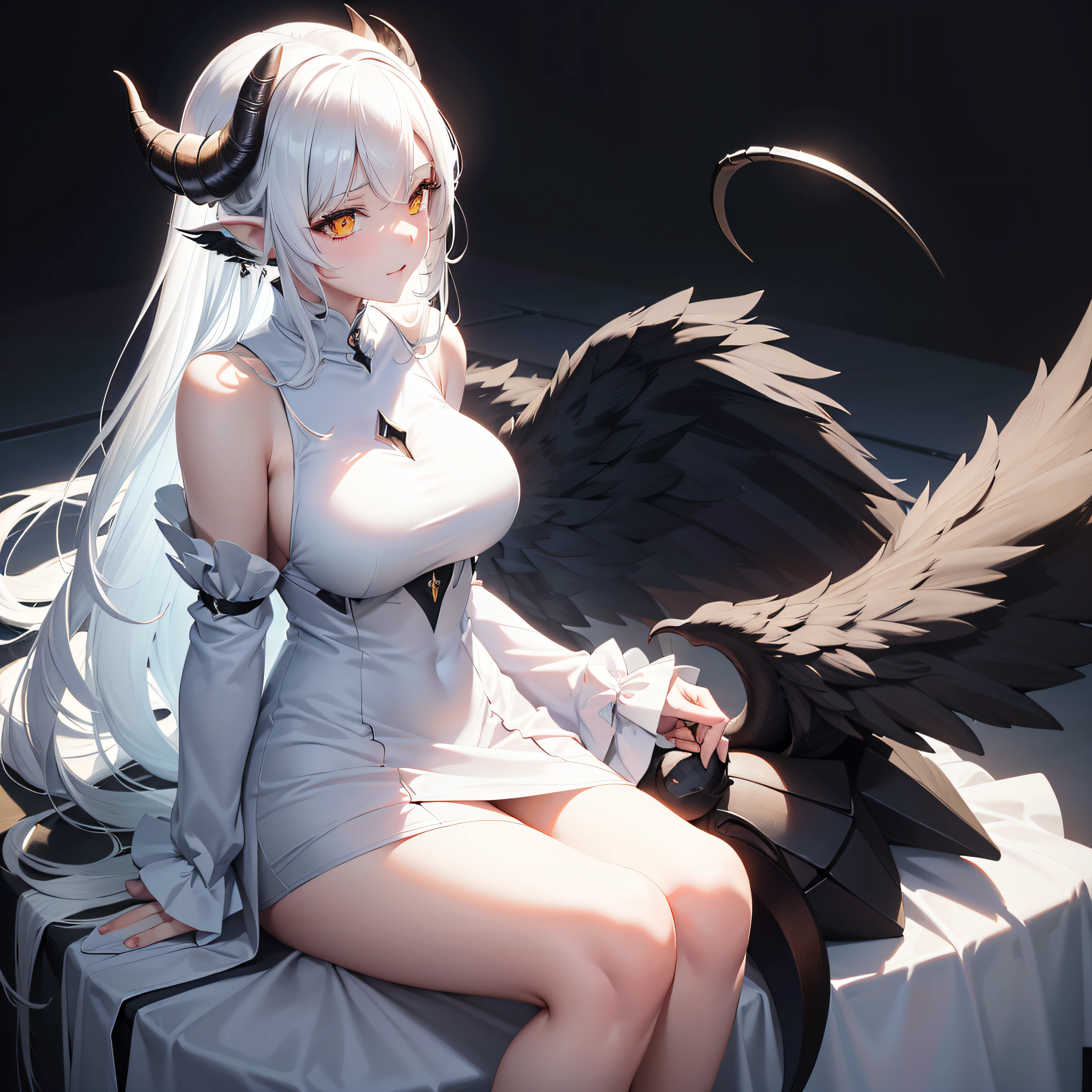 Succubus girl with white long hair, Bronzed Skin, without wings. Dressed in white high-heeled shoes. In the office with a man.