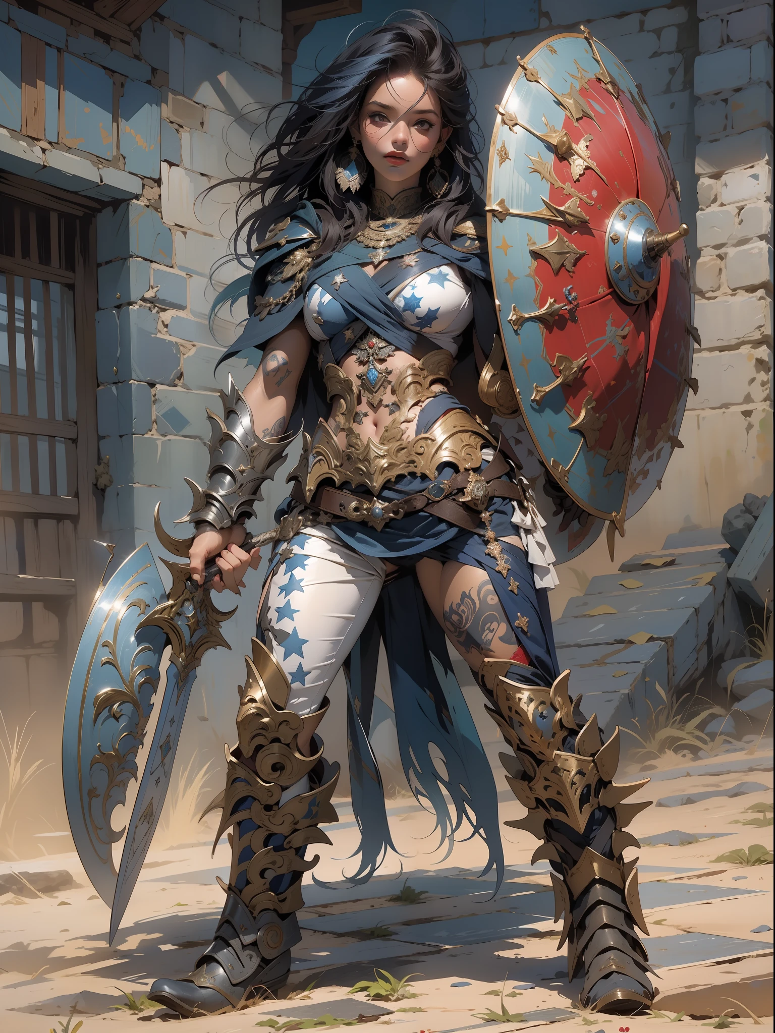 (((mulher))), (((melhor qualidade))), (((obra prima))), (((adulto))), Uma guerreira mulher de 35 anos com corpo perfeito, Gladiadores do Brooklyn, (( sob os peitos )), quase nua no estilo selvagem urbano de Simon Bisley para a capa da revista Heavy Metal, cabelo loiro, Minimum clothing, Dark blue with white stars and red and white checkerboard pattern, armadura, cheio de pontas e rebites, tatuagem tribal, (((do joelho pra cima))), cabelo desalinhado
