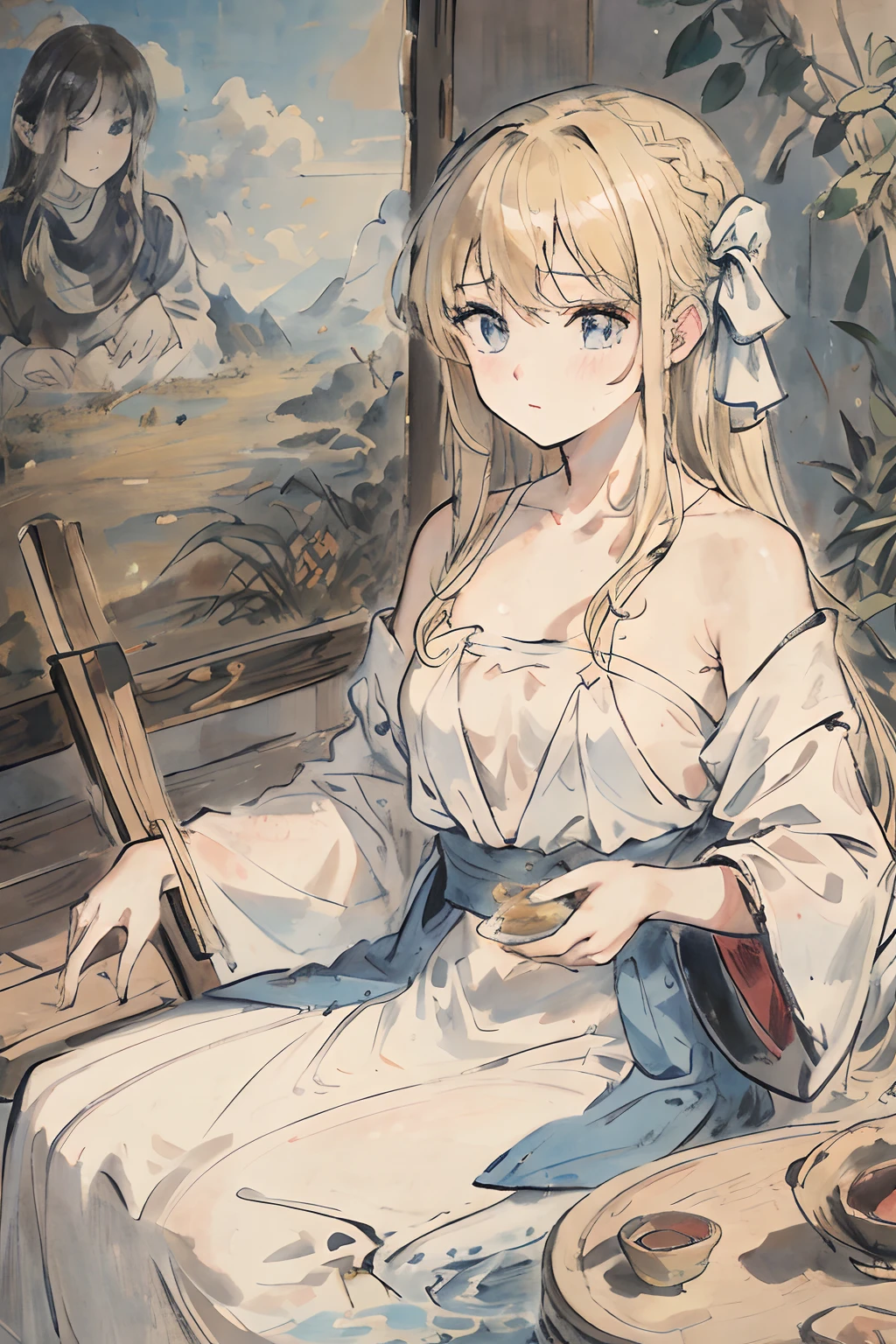 tmasterpiece,nood,Best Beautiful Girl,Extremely beautiful,world masterpiece theater,super-fine,nood,nood,blonde hair,hight resolution,nood,1girl in,nood,illustratio,looking at viewert, Impasto, canvas, an oil painting, Realistic, realist,Real,Chest leakage