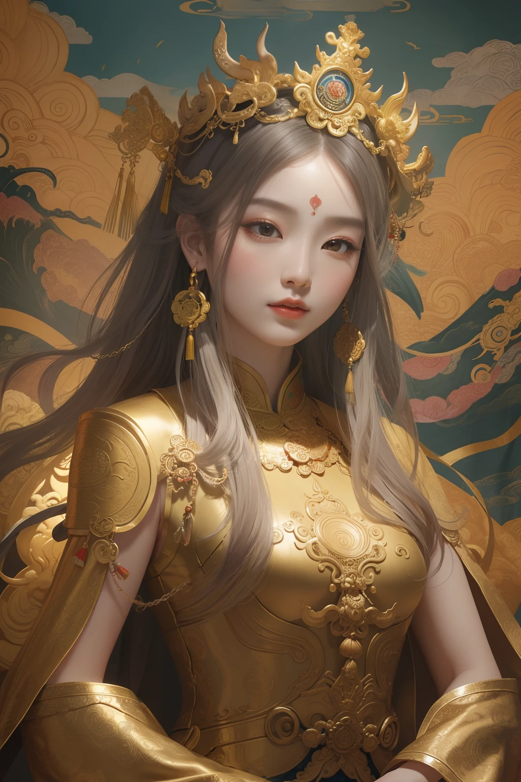 an ancient Chinese goddess, guanyin of the southern seas, Guanyin, Inspired by China, Avalokiteshvara rides a lion,,Serene expression,shui mo hua,Buddha,Buddhist,Lotus,Chinese painting style,Thangka style