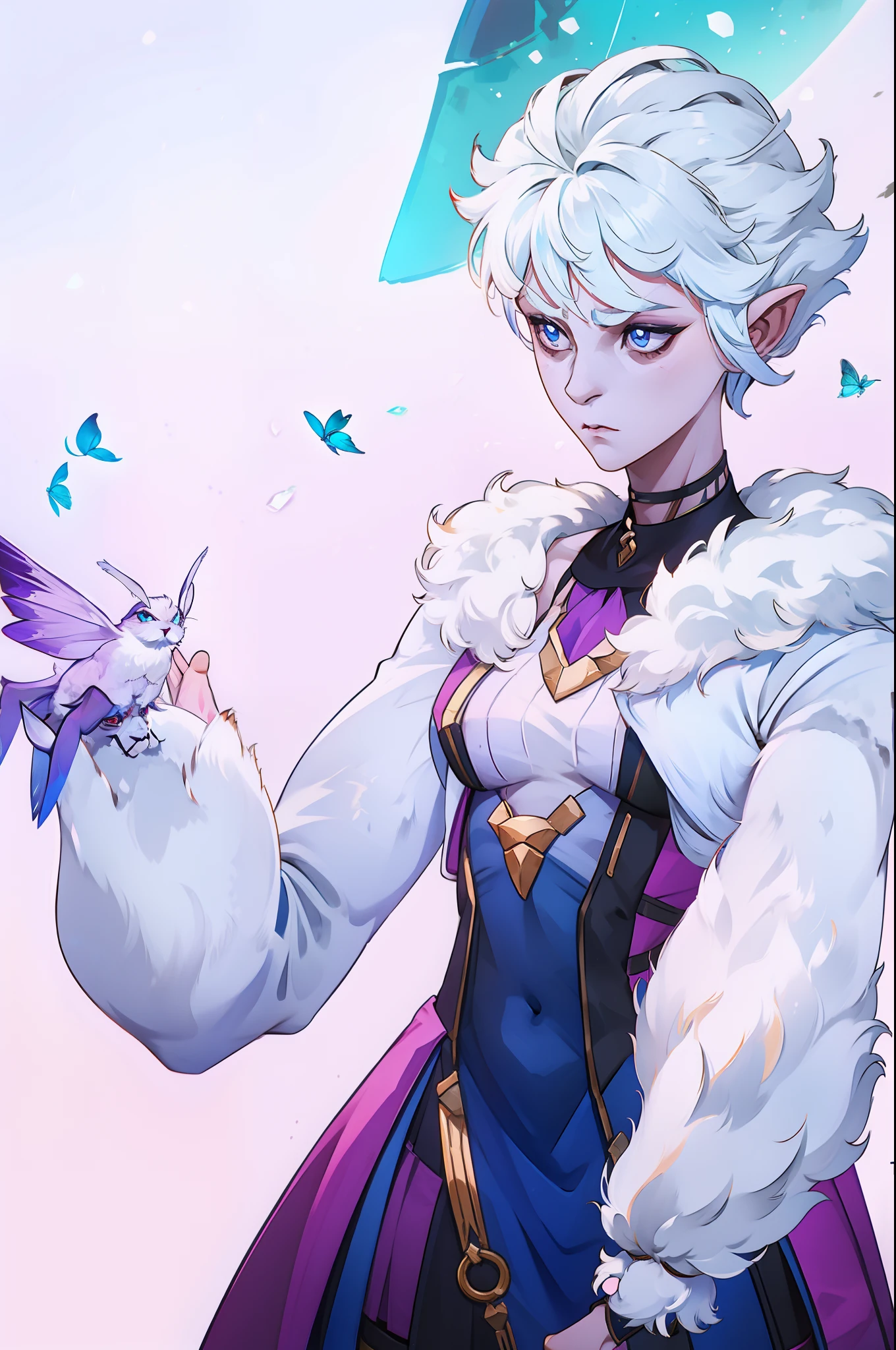 Androgynous moth girl with a flat chest, white fur on her body, muscular, furry wrists, furry choker, short white curly hair