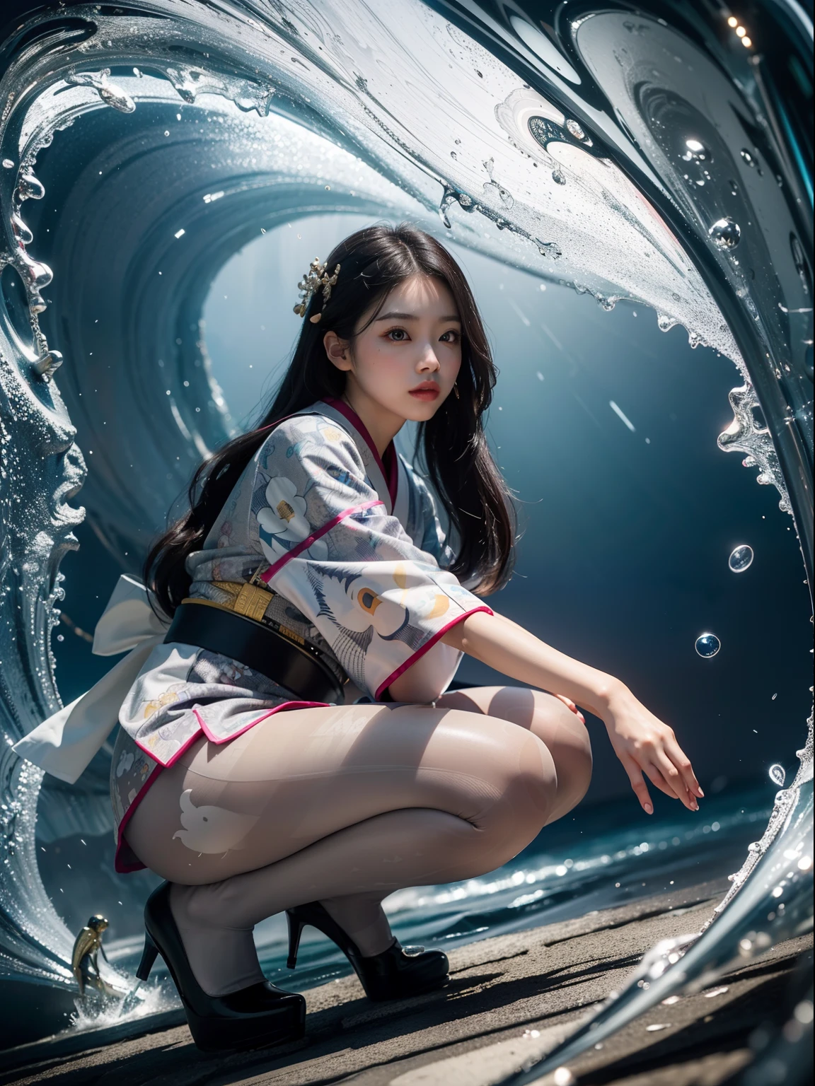 (full body:1.5)，(1girl:1.3),(view the viewer:1.4)，(anatomy correct:1.45),(Dance squatting under the huge waves:1.3),(very thick printed pantyhose:1.4),( Chinese woman Wear printed fantasy Traditional Japanese kimono set and uniform pointed high-heeled leather shoes  :1.35), (Light particle effect:1.3),(In pink | amarelo | blue colors| green color |red color | white colors| black in color| purplish color| greys| Beige| Flesh color 1.4)，(Glowing eyes:1.3),(Large amplitude action: 1.3)，(Accurate and perfect face:1.4),hyper HD, Ray traching, reflective light，structurally correct, Award-Awarded, high detail, lighten shade contrast, Face lighting，cinmatic lighting, tmasterpiece, super detailing, high quality, high detail, best quality, 16k，High contrast,