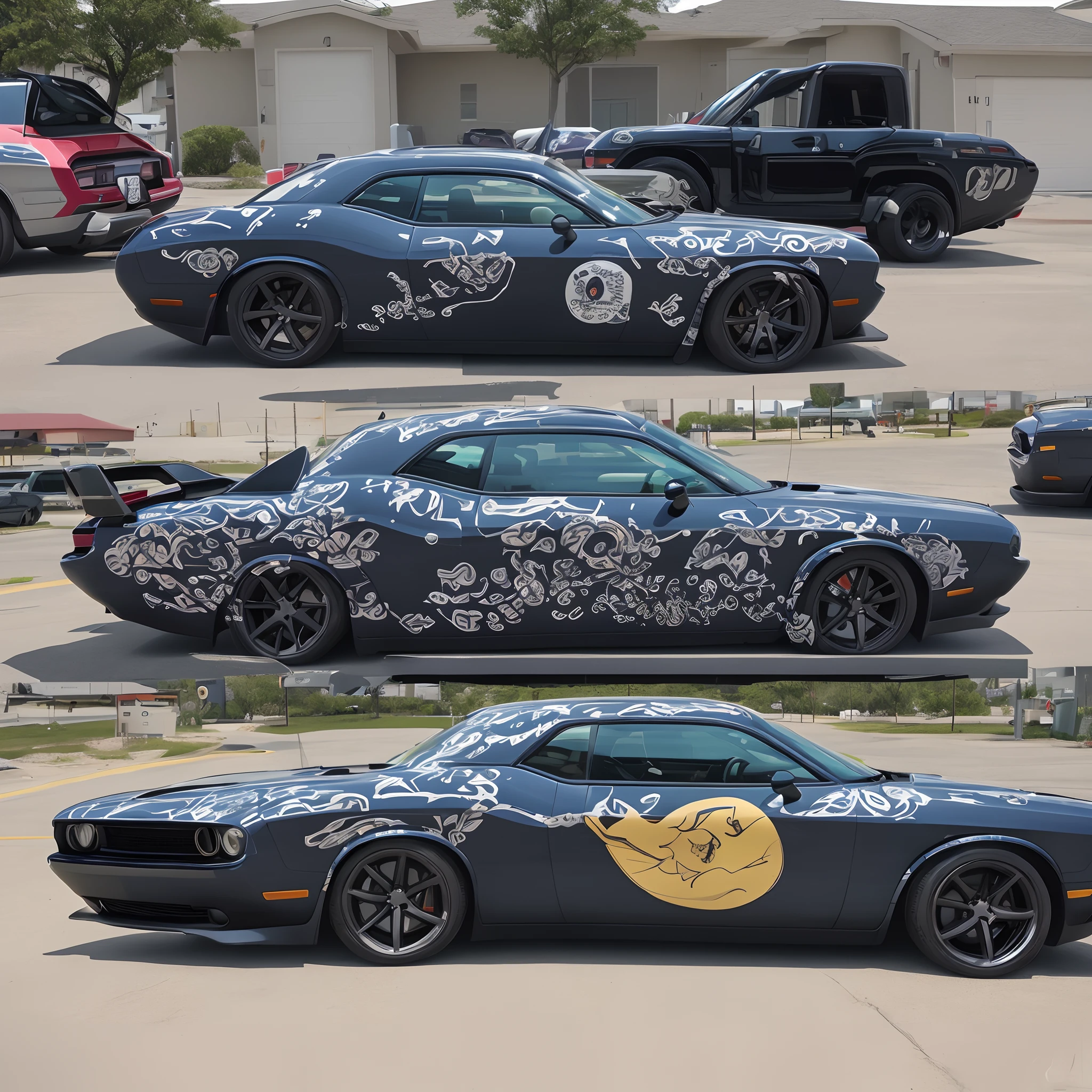 side shot, Dodge Challenger lowered with a samurai sticker, being displayed at Comic Con in Beaumont, TX. What a dumb car and itasha (what's the wrap style,realistic,8kNikon NIKKOR Z 105mm f/2.8 VR S lens