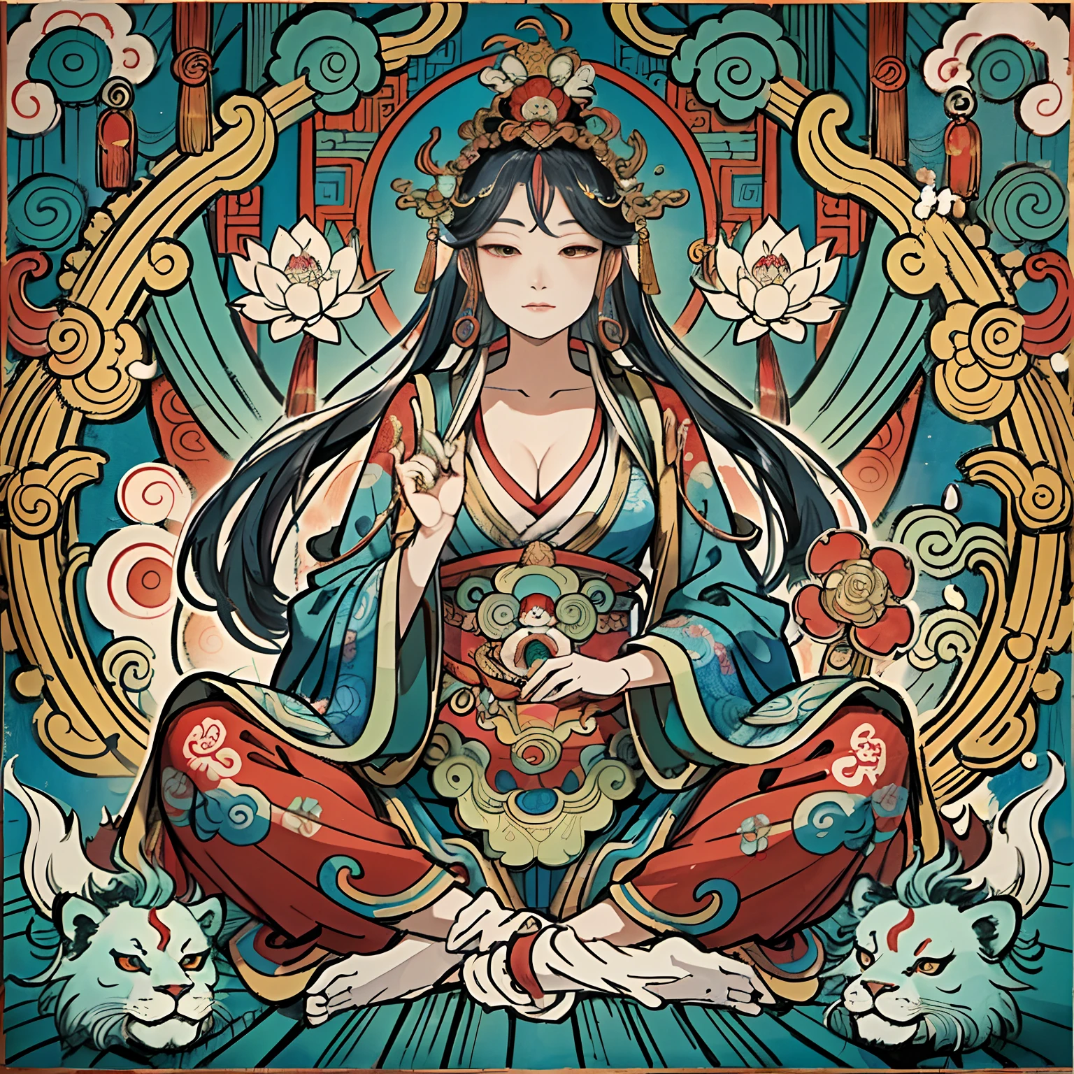 an ancient Chinese goddess, guanyin of the southern seas, Guanyin, Inspired by India, Avalokiteshvara rides a lion，,Serene expression,shui mo hua,Buddha,Buddhist,Lotus,Chinese painting style,Thangka style