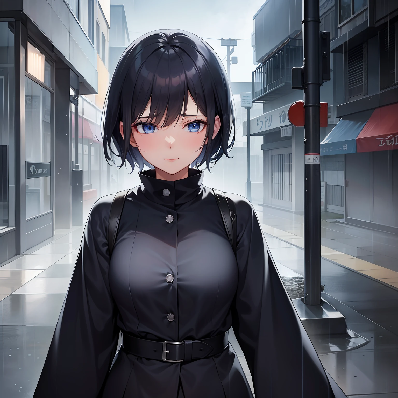 {1girl in, umbrellas, Shorthair, A dark-haired, blue eyess}, {Rain, bao phan, Sateen, Very heavy rain}, {Eyes closed}, concept-art, beautiful anime scene, Beautiful anime scenery, top-quality, ​masterpiece