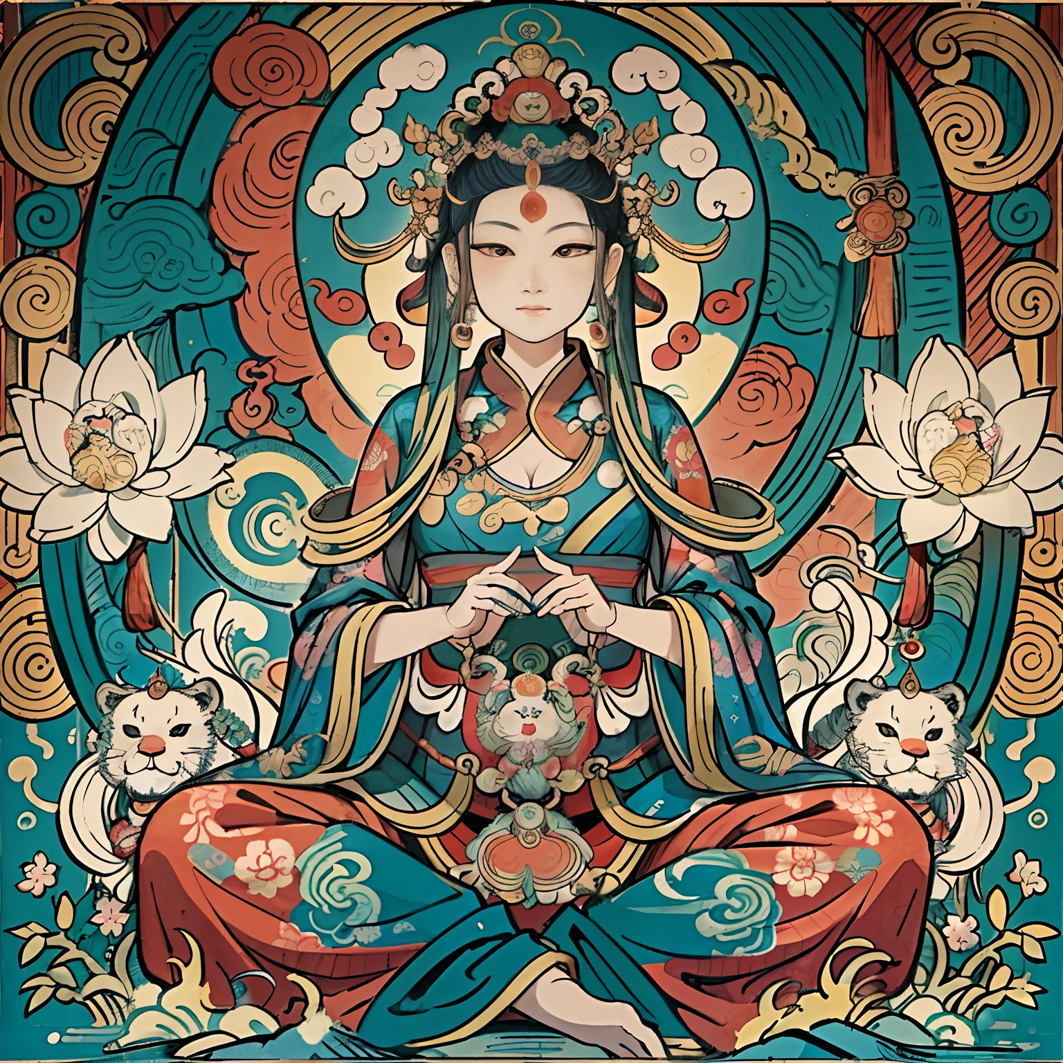 an ancient Chinese goddess, guanyin of the southern seas, Guanyin, Inspired by India, Avalokiteshvara rides a lion,,Serene expression,shui mo hua,Buddha,Buddhist,Lotus,Chinese painting style,Thangka style