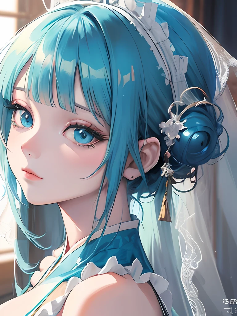 Anime girl with blue hair and white dress,, anime goddess, Detailed Digital Anime Art, Beautiful anime girl, beautiful anime woman, beautiful alluring anime woman, anime style 4 k, Anime girl with teal hair,With a white veil，Chinese-style clothing,White flared skirt，ta，ssmile,((A detailed face))