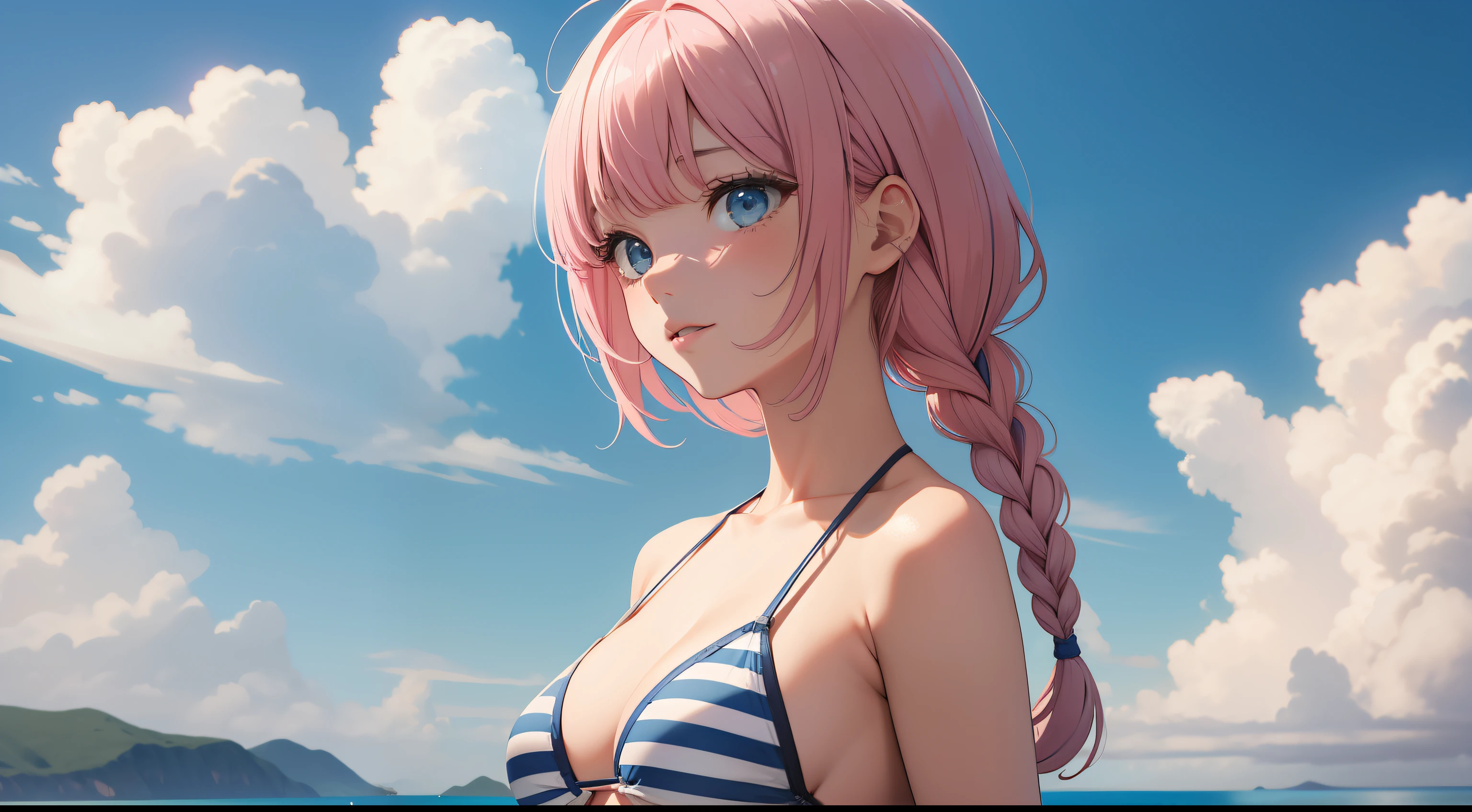 Ridiculous resolution, A high resolution, (Masterpiece:1.4), 1girll,Bust photo,A pink-haired,By bangs,one side braids,Blue and white striped bikini,ultra - detailed, cloudless sky,the sea,baiyun,the space, afloat