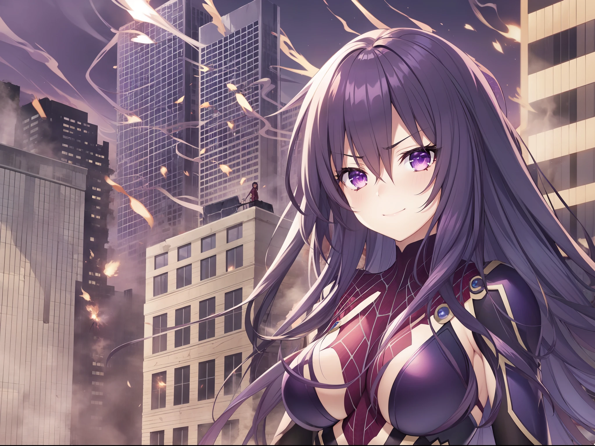 1girl,thoka in Spider-Man costume,big breasts,superhero pose,standing in ruined city,smoke,sparks,(8k),scratches,close-up,detailed face,dark purple hair,purple eyes,long hair,embarassed,shy,small smile face,