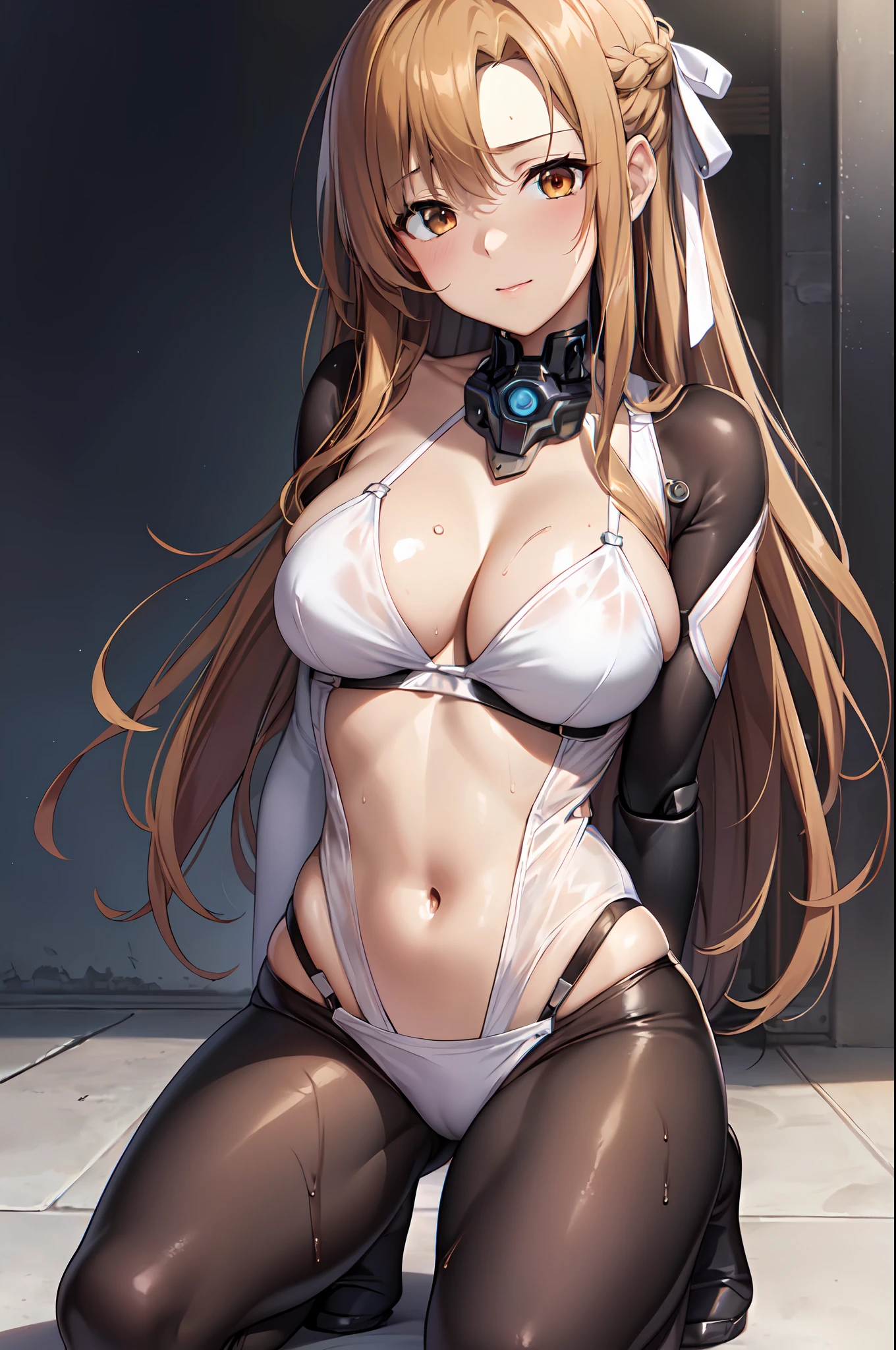 Official art、(Highly detailed CG Unity 8K:1.5),Perfect litthing,colourfull,Bright Front face Illuminating,(Skindentation),
(Master Pieces:1.5), (best_quality:1.3), Super Hi-Vision, super detailing,Seductive smile,(Kneeling:1.3),(White ribbon on head:1.5),
Photo Shot,hight resolution,(absurderes:1.2),Kodak Portra 400,film grains,Background blur,(lensflare:1.2),(vivd colour:1.2),
(cowboys_shot:1.4),(dark orange hair:1.5),(dark brown hair:1.5),during daytime,Sunsight,(Asuna),(Asuna Yuki),
(Orange Eyes:1.2),Parted bangs beautiful breasts,length hair,hugetits,(Solo:1.5),(neat figure:1.5),
(a 1 girl:1.5),18year old,High school students,Beautiful Finger、beautiful long leg、Beautiful body,Beautiful nose,Beautiful character design,Perfect eyes,face perfect,a navel,Beautiful hair,Sweat,Animated, (Wet clothes,Bare legs,Exquisite cloth,beautifully detailed eyes), (Portrait),(body suit:1.3),outside of house, (impossible bodysuit, Impossible clothes:1.4),long-sleeve, Watch Viewer, maior、(Black leather bikini:1.3), (cybersuit:1.5),(clothes shiny:1.3),(machine components:1.5), (cybernetic, urbansamurai_v0.3, AB_droid,droid,Mekaware:1.5)、
(lovly,Large breasts:1.5),(Beautiful face:1.5),(narrowwaist:1.1),delicate patterns,intricate detailes,A seductive anime girl,Beautiful fece,Beautiful charming anime teen,Smooth Anime CG Art,Beautiful anime girl,The best girls in anime,oppai,Ecchi anime style,lascivious,Exquisite cloth,delicate patterns,intricate detailes,red blush,shinny skin,oestrus,Small curved ****,beautiful alluring anime teen,photorealistic anime girl render,beautiful alluring anime woman,Soft lighting,Perfect body with realistic shading、