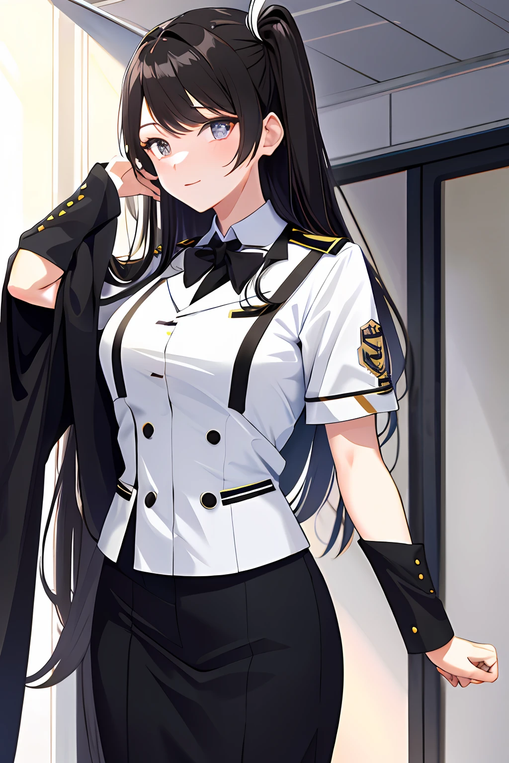 Guli Naza， hentail realism，1girll， 独奏， long whitr hair， mediuml breasts， （Split color hair， Black hair， Dark black hair： 1.3）， Black colored eyes， ssmile， standing on your feet， dynamicposes， 8K， tmasterpiece， best qualtiy， Perfect flight attendant uniform， cinmatic lighting， cowboy lens， （flightattendantuniform：1.1）， （aerodrome、sobu：1.1），Street photography