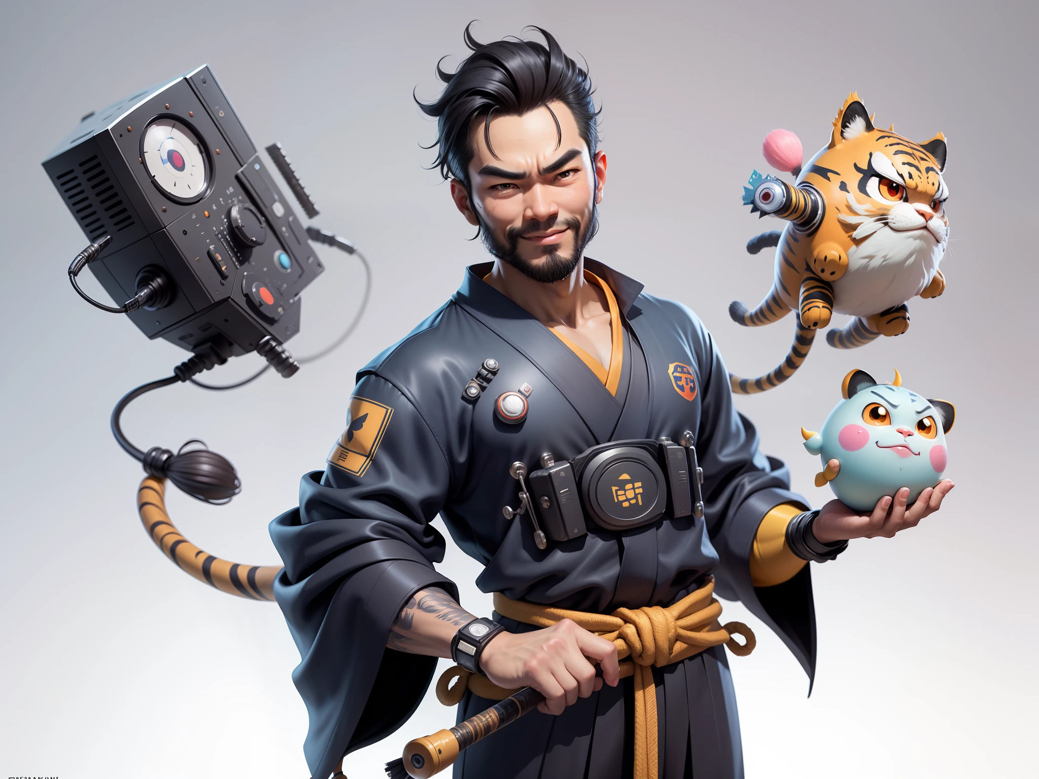 (Daisaku),(Need),(Super meticulous),(full bodyesbian:1.2),Super young man with Japanese geisha,Beautiful,orient,one tiger,Aeolian Thor,Raised sexy,爆乳,Oriental face,TV Anchor,Bust portrait illustration,In black suit,a blue tie,The face is slightly chubby,The face was clean,without a beard,Black super short hair,Black eyes,Smile confidently,3C computer sub-products,iPad, iphone,Digital painting,3D character design by Mark Clairen and Pixar and Hayao Miyazaki and Akira Toriyama,The illustration is a high-definition illustration in 4K resolution,With very detailed facial features and cartoon-style visuals。