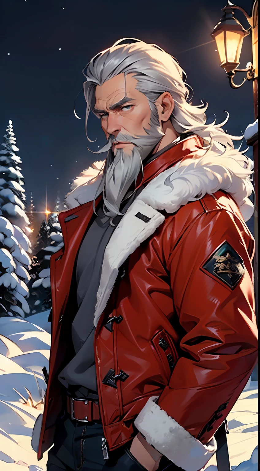 A close up of a man in a red jacket standing in the snow - SeaArt AI