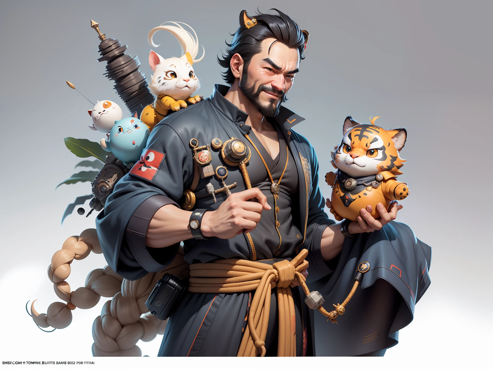 (Daisaku),(Need),(Super meticulous),(full bodyesbian:1.2),Super young man with Japanese geisha,Beautiful,orient,one tiger,Aeolian Thor,Raised sexy,爆乳,Oriental face,TV Anchor,Bust portrait illustration,In black suit,a blue tie,The face is slightly chubby,The face was clean,without a beard,Black super short hair,Black eyes,Smile confidently,3C computer sub-products,iPad, iphone,Digital painting,3D character design by Mark Clairen and Pixar and Hayao Miyazaki and Akira Toriyama,The illustration is a high-definition illustration in 4K resolution,With very detailed facial features and cartoon-style visuals。