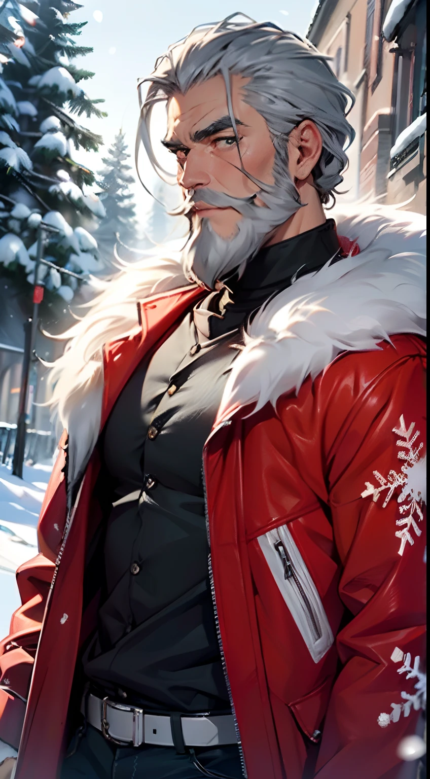 A close up of a man in a red jacket and a beard - SeaArt AI