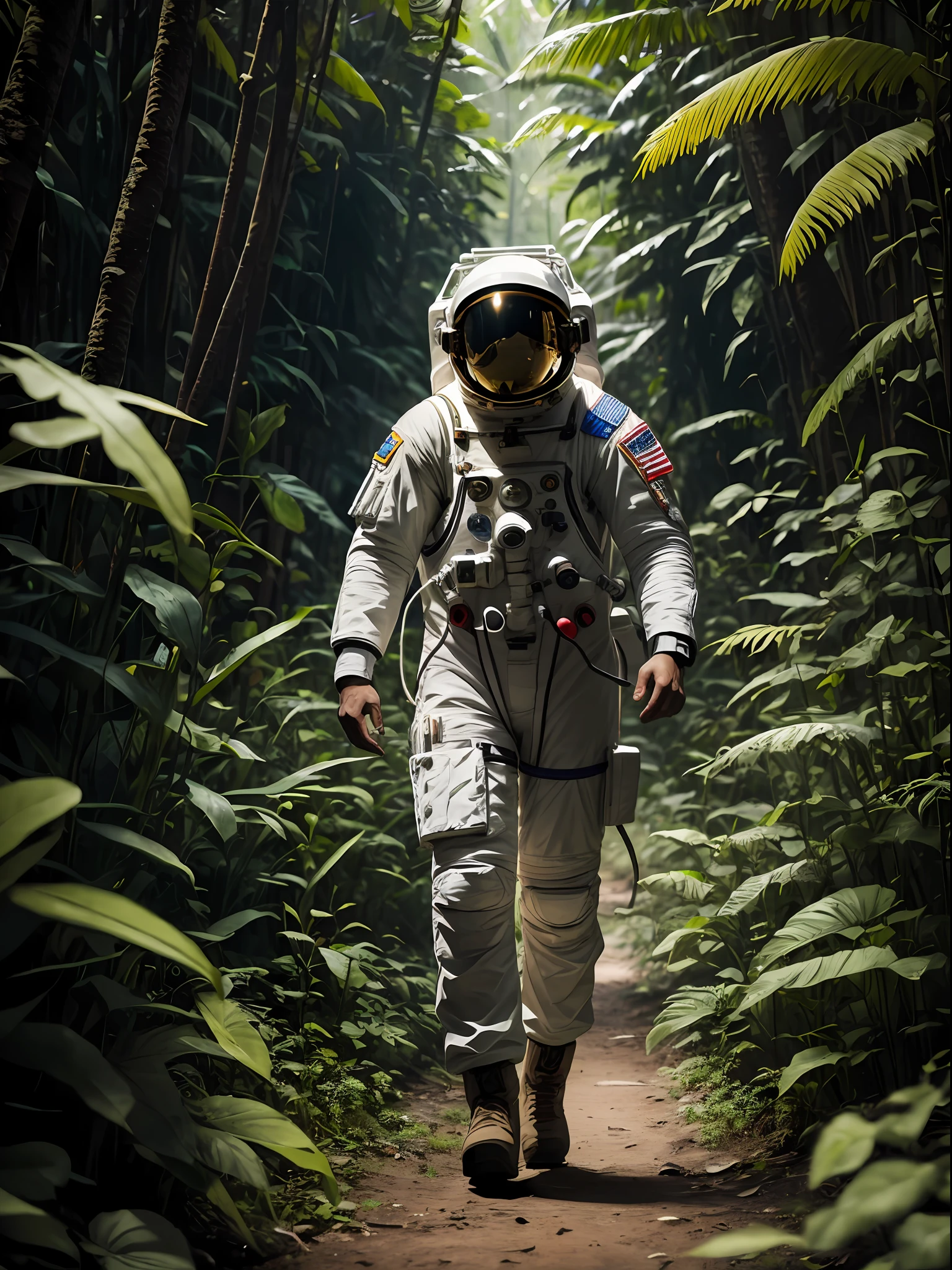 Astronaut walking in the jungle, sony a7r, 50mm lens, morningglow, 8K
