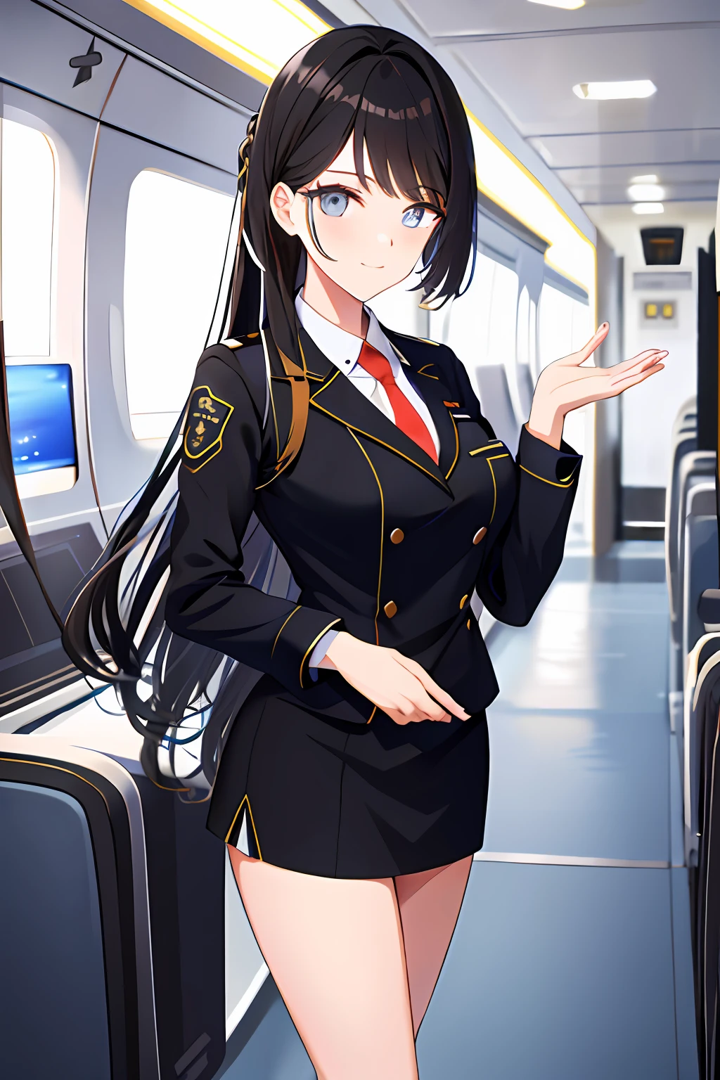 Guli Naza， hentail realism，1girll， 独奏， long whitr hair， mediuml breasts， （Split color hair， Black hair， Dark black hair： 1.3）， Black colored eyes， ssmile， standing on your feet， dynamicposes， 8K， tmasterpiece， best qualtiy， Perfect flight attendant uniform， cinmatic lighting， cowboy lens， （flightattendantuniform：1.1）， （aerodrome、sobu：1.1），Street photography