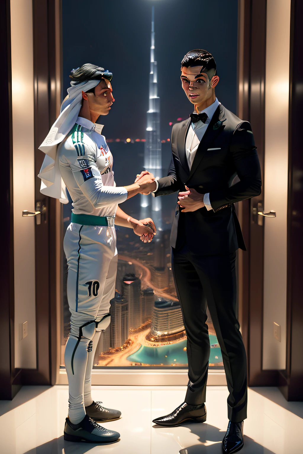 cristiano ronaldo and meesi shaking hands , background burj khalifa