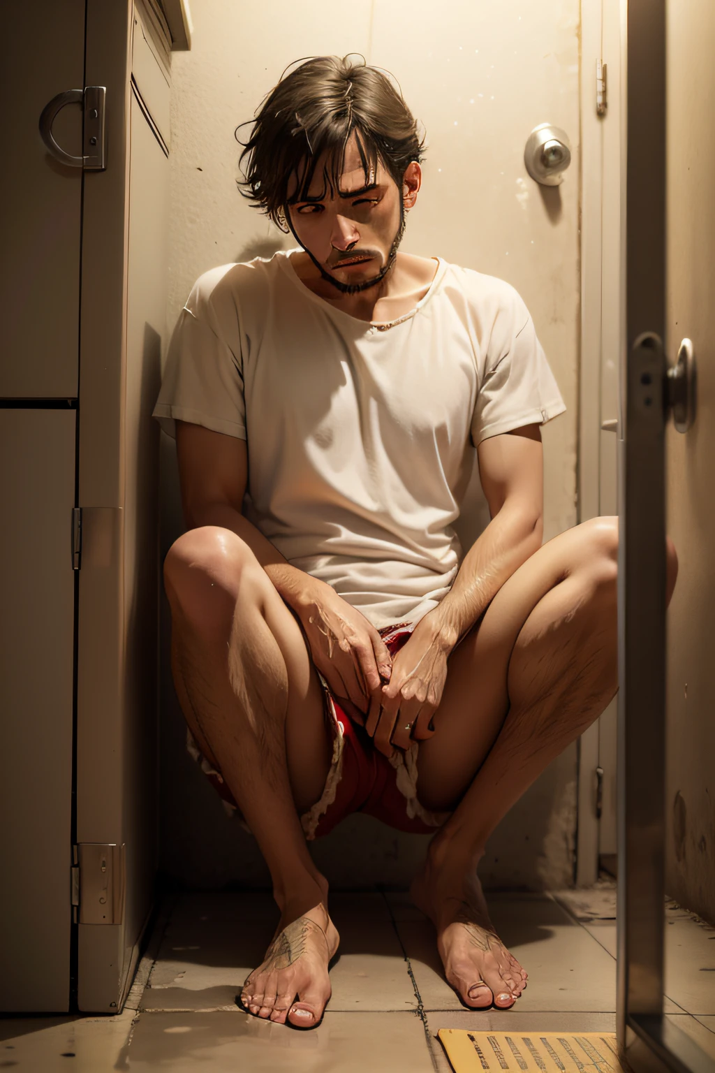 pobre, Barefoot man in torn clothes in prison