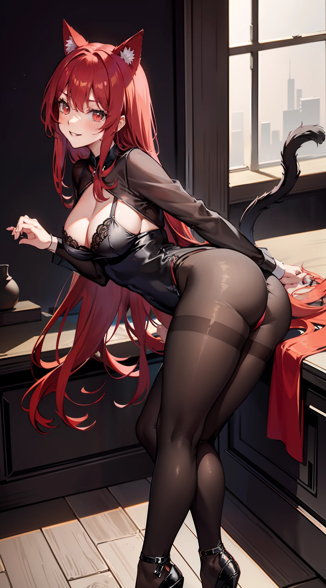 See-through pantyhose,redheadwear,Raised sexy,Leaning forward,slender girl,Lace lingerie big breasts,Cat ears,a cat tail,Evil smiled