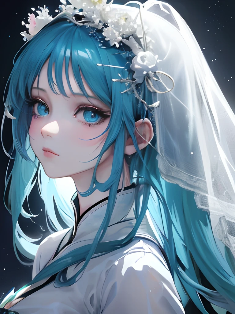 Anime girl with blue hair and white dress,, anime goddess, Detailed Digital Anime Art, Beautiful anime girl, beautiful anime woman, beautiful alluring anime woman, anime style 4 k, Anime girl with teal hair,With a white veil，Chinese-style clothing,White flared skirt，Lolita，ssmile,((A detailed face))