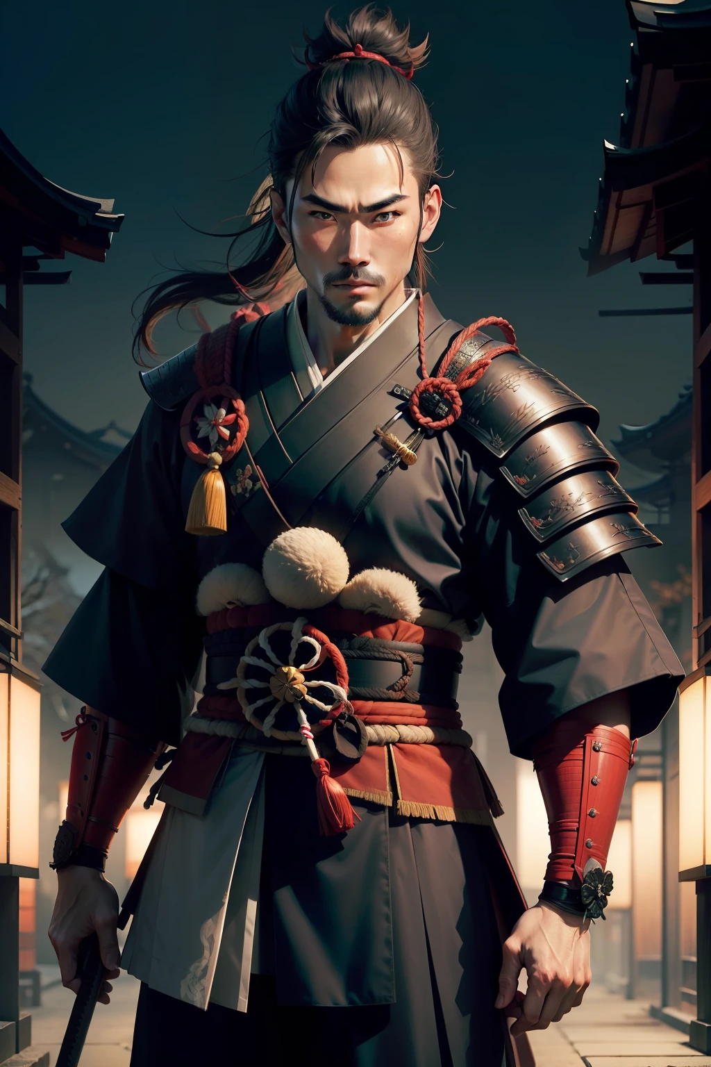 Man, strong, black hair, oriental look, ultra realistic, 4k, oriental temple background, defined body, serene look, samurai bun, wearing a kimono