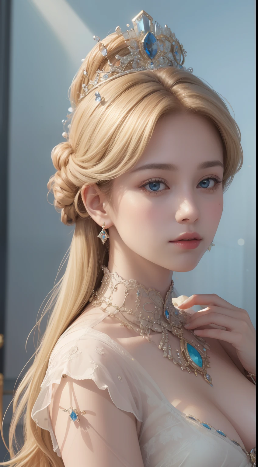 tmasterpiece，Highest image quality，Beautiful bust of a royal lady，Delicate blonde hairstyle，Embellished with a dazzling array of intricate jewelry，super detailing，upscaled。