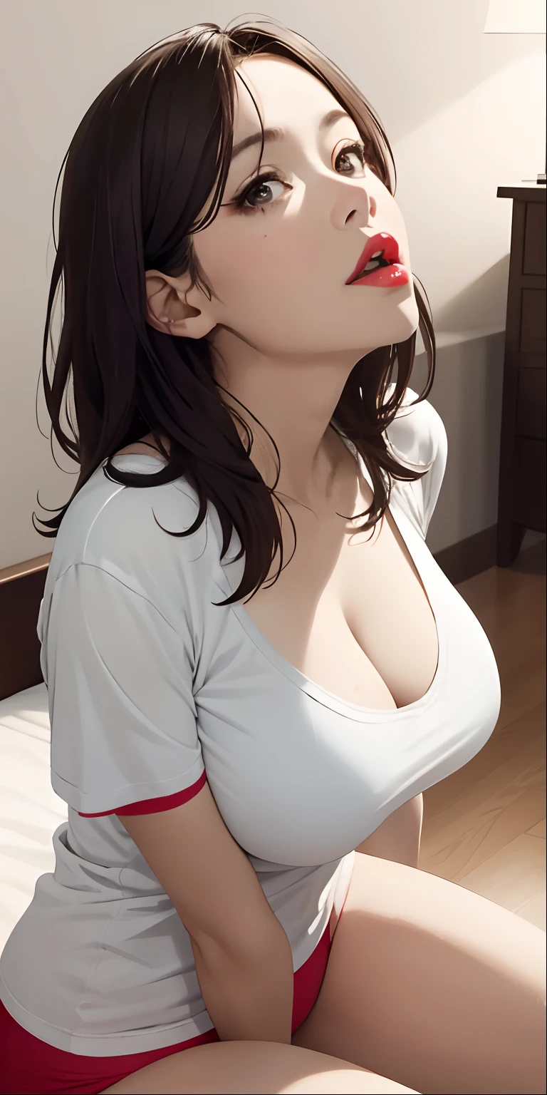 realisticlying、45-year-old girl、T-shirt wearing，Face enhancement，Chest super large zoom，Cleavage emphasis，Looking up from the bottom，Blushing，Red lips，A sexy，Bed sit，Open your mouth wide、Put your arms around the back of your head、Wearing underwear