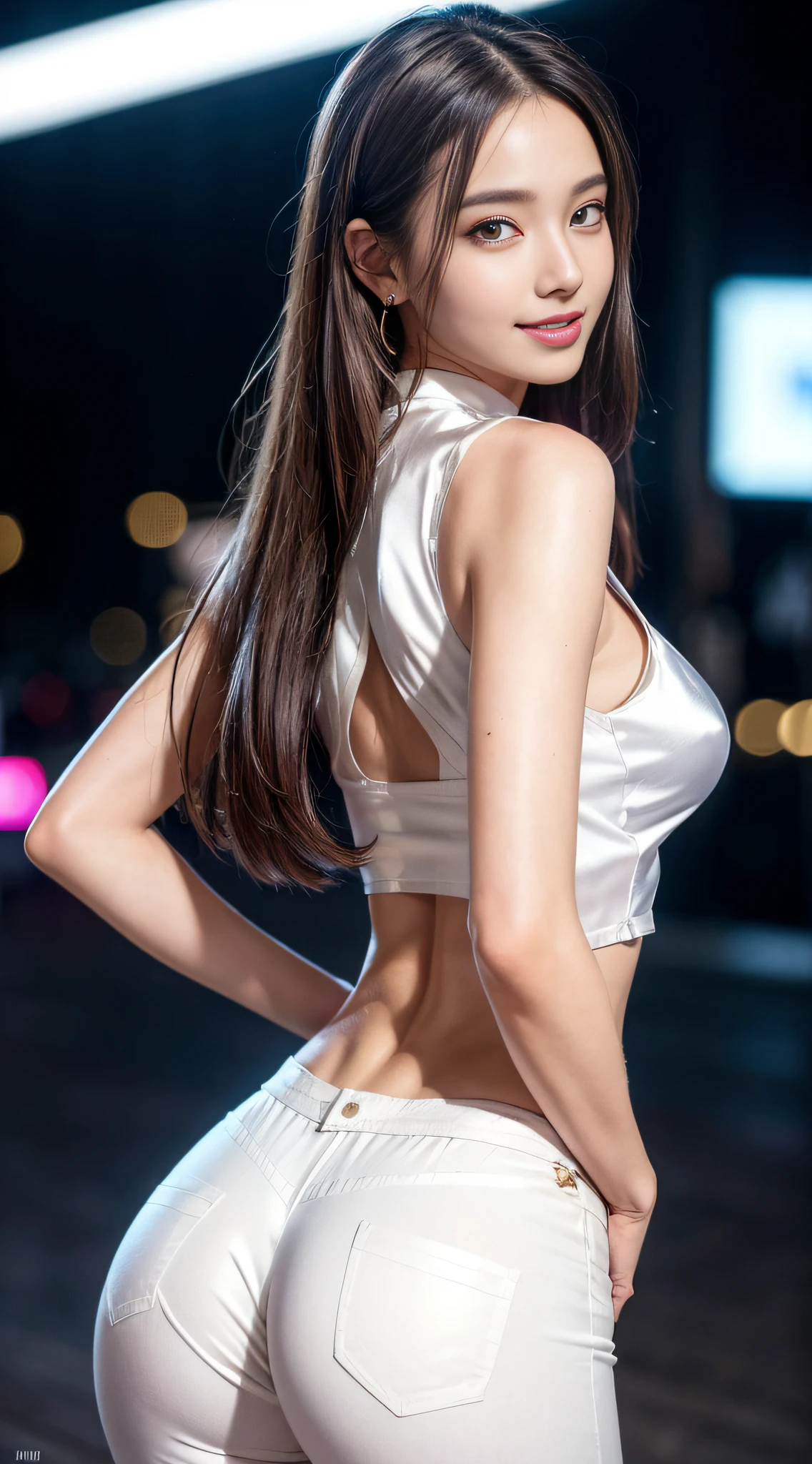 8k, masterpiece, RAW photo, best quality, photorealistic, extremely detailed CG unity 8k wallpaper, Depth of field, Cinematic Light, Lens Flare, Ray tracing, (extremely beautiful face, beautiful lips, beautiful eyes), intricate detail face, ((ultra detailed skin)) 1girl, in the dark, deep shadow, pretty korean girl, kpop idol, 1 girl, (very slim slender fit-muscled body:1.3), ((looking at viewer)),(big smile:1.3), (tight laced blouse), (hot pink color blouse), (sleeveless) , (fashion city night, dark night, (neon sign), (blurred background), fashion street night),(without people in the background:1.3), beautiful earrings, bracelets, necklace, pantyhose, clear eyes, (pale skin), (big eyes), face forward, ((upper body shot)), ((silk white color pants:1.3)),(brown hairs),((tight fitting silk pants)), (looking at viewer:1.3) open breast, very slim, medium breasts, turning back, back shot, , underwear