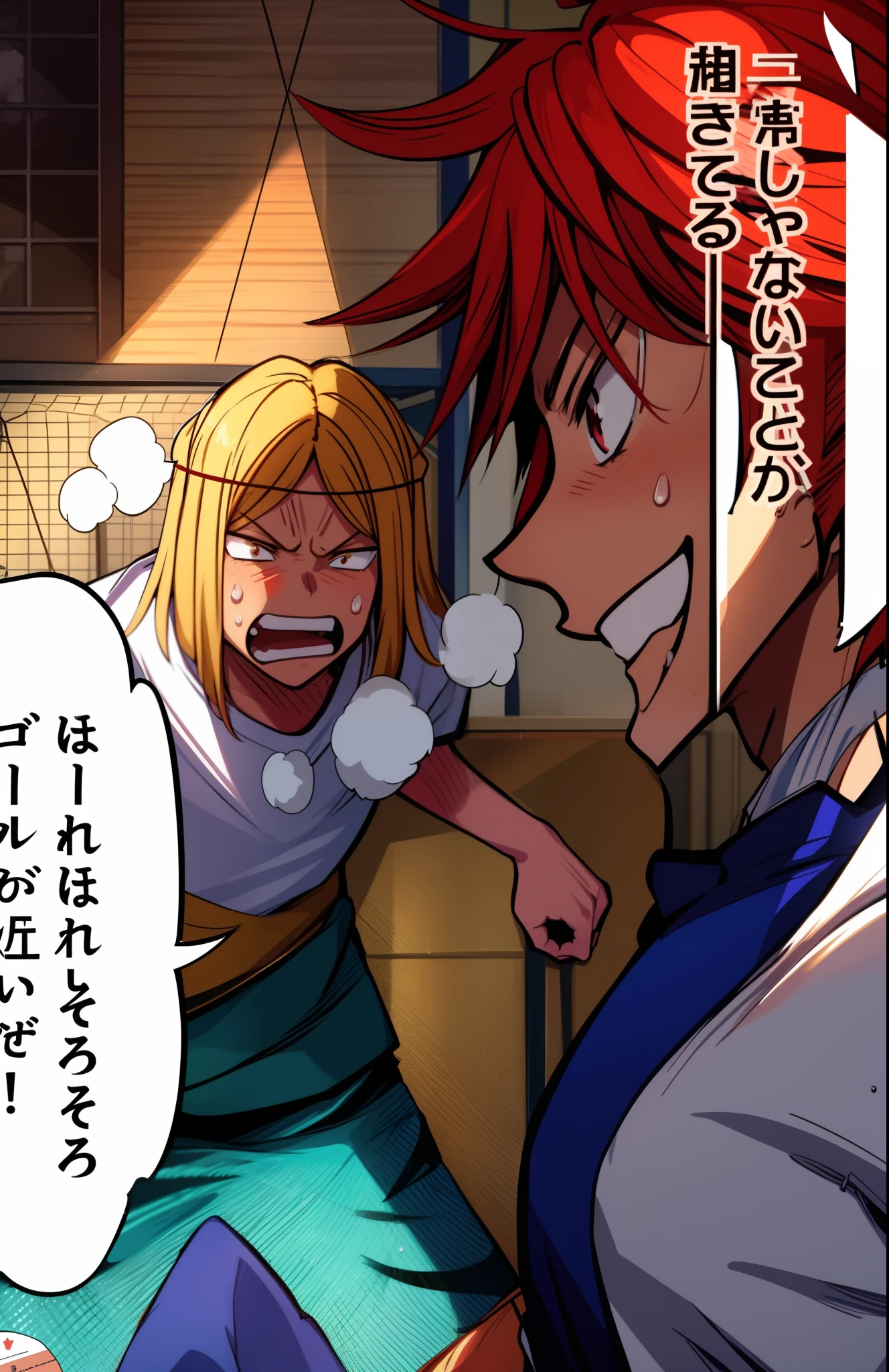 a anime of a boys manga, red hair color, blonde hair color, white shirt, bullying, sweat, text manga, color manga, manga color, color manga, color manga panel, soccer court background