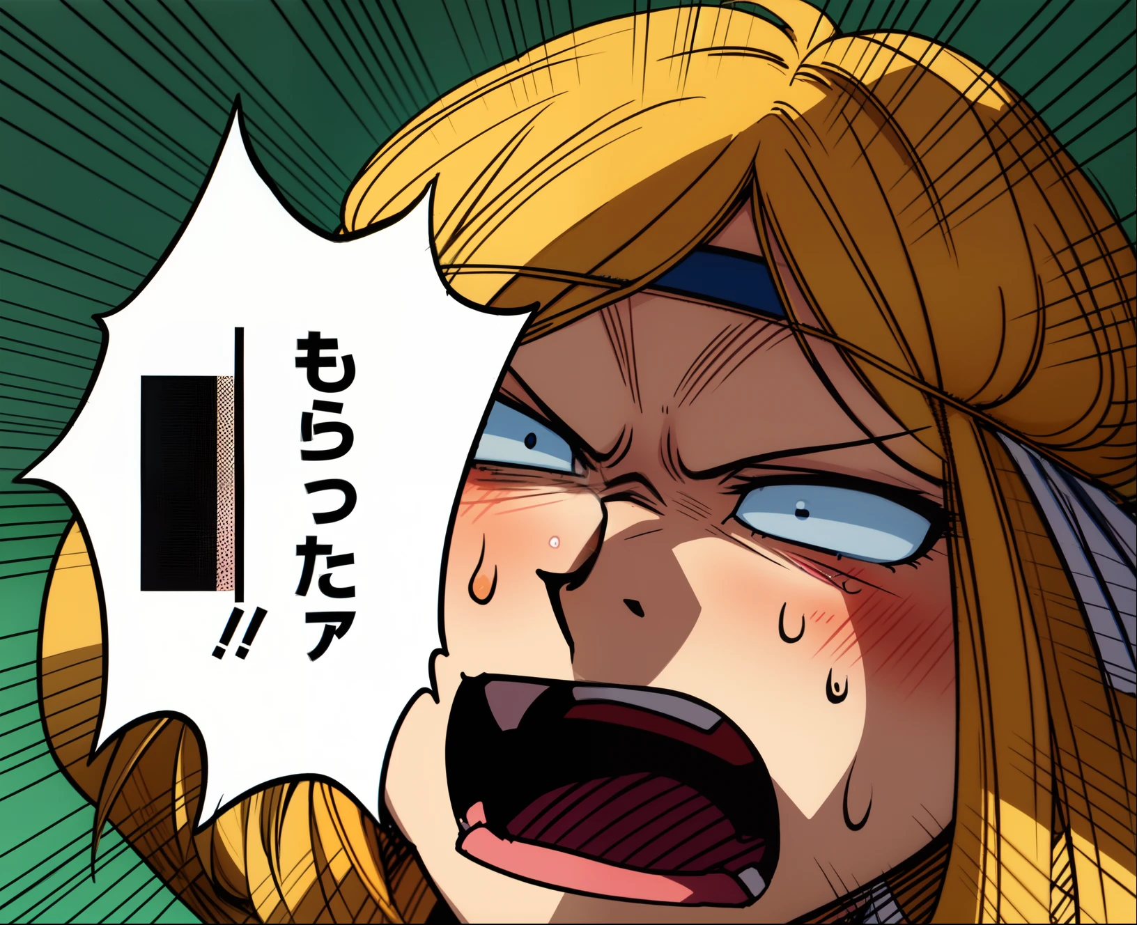 a anime of a boys manga, blonde hair color, shocked, open mouth, mini hairband, sweat, text manga, color manga, manga color, color manga, color manga panel, anime effect background