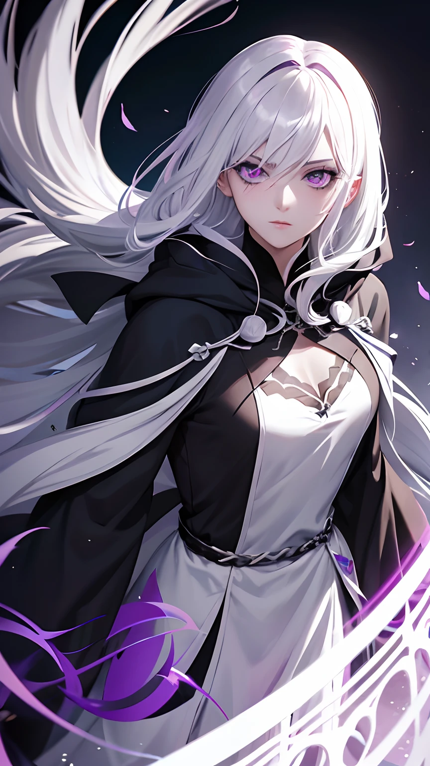 animesque, Woman with white hair and purple eyes, Wearing a dress under a black hood robe,handsome drow, white hair, he has dark grey hairs, inspired by Li Chevalier, Hajime Yatate, vector shaded anime, white hair woman, cel shaded anime, Draw, white haired god, beautiful male drow, Perfect Draw, cel shading