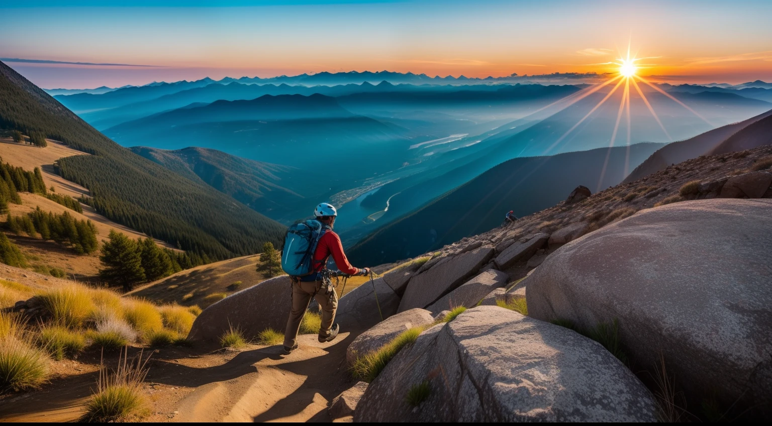 An image of a climber climbing a steep mountain. The climber is facing difficult terrain, full of rocks and obstacles, But his determined expression and focus on climbing show his perseverance. Ao fundo, The sun is rising or setting, Creating an impressive scenery. The image symbolizes the journey of personal overcoming and the idea that, even in the face of seemingly insurmountable challenges, We can find the motivation to keep moving forward toward our goals.