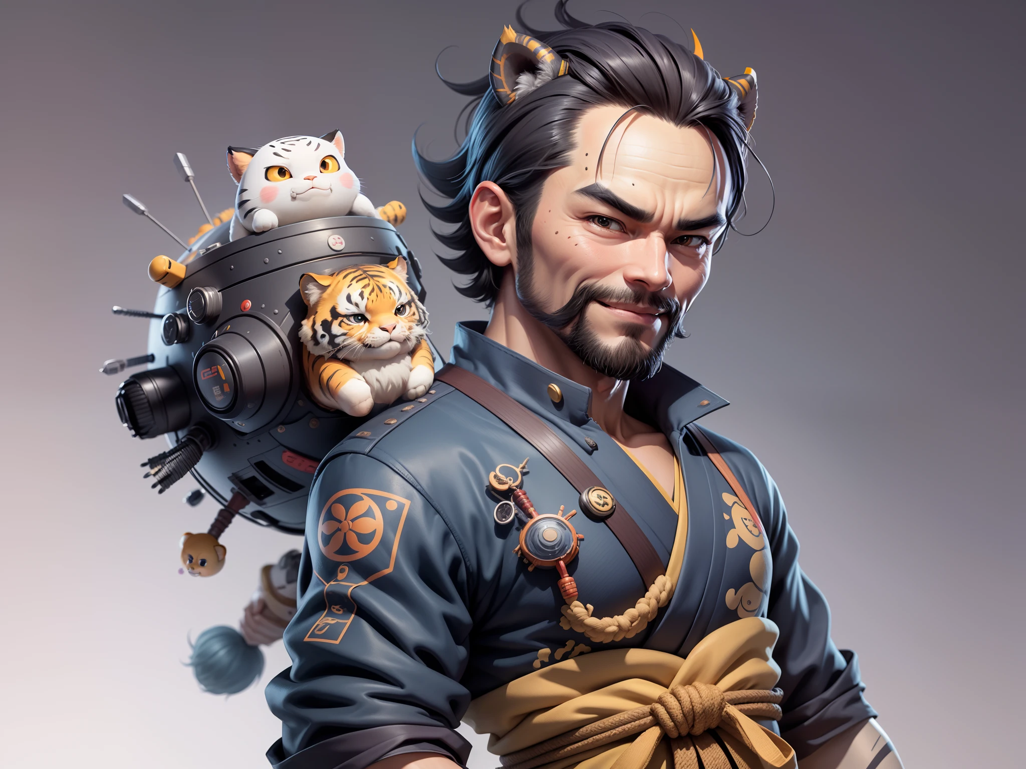 (Daisaku),(Need),(Super meticulous),(full bodyesbian:1.2),Super young man with Japanese geisha,Beautiful,orient,one tiger,Aeolian Thor,Raised sexy,爆乳,Oriental face,TV Anchor,Bust portrait illustration,In black suit,a blue tie,The face is slightly chubby,The face was clean,without a beard,Black super short hair,Black eyes,Smile confidently,3C computer sub-products,iPad, iphone,Digital painting,3D character design by Mark Clairen and Pixar and Hayao Miyazaki and Akira Toriyama,The illustration is a high-definition illustration in 4K resolution,With very detailed facial features and cartoon-style visuals。