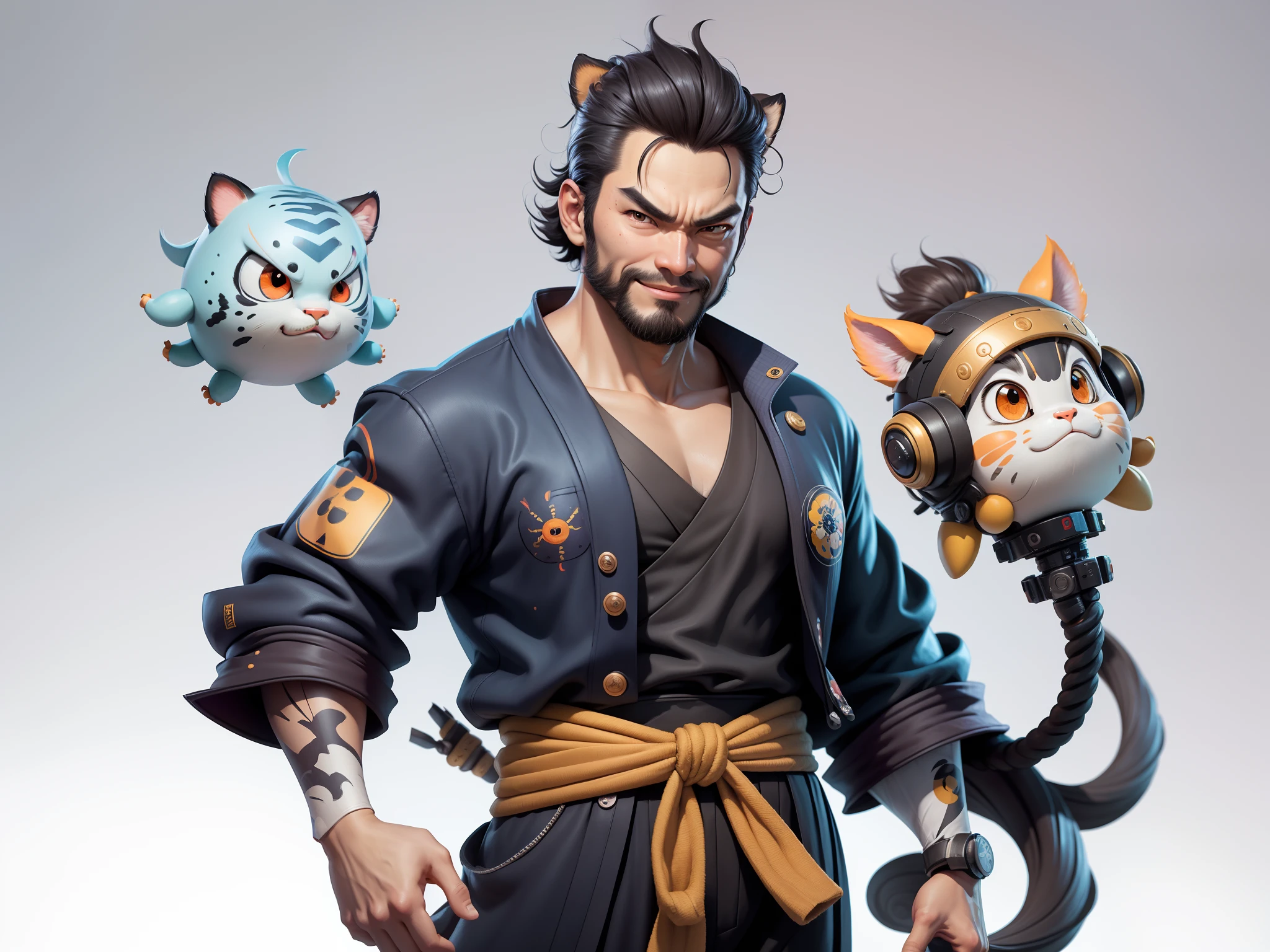 (Daisaku),(Need),(Super meticulous),(full bodyesbian:1.2),Super young man with Japanese geisha,Beautiful,orient,one tiger,Aeolian Thor,Raised sexy,爆乳,Oriental face,TV Anchor,Bust portrait illustration,In black suit,a blue tie,The face is slightly chubby,The face was clean,without a beard,Black super short hair,Black eyes,Smile confidently,3C computer sub-products,iPad, iphone,Digital painting,3D character design by Mark Clairen and Pixar and Hayao Miyazaki and Akira Toriyama,The illustration is a high-definition illustration in 4K resolution,With very detailed facial features and cartoon-style visuals。