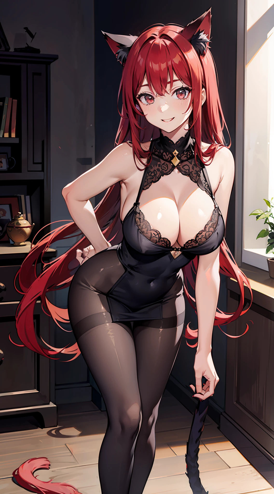See-through pantyhose,redheadwear,Raised sexy,Leaning forward,slender girl,Lace lingerie big breasts,Cat ears,a cat tail,Evil smiled