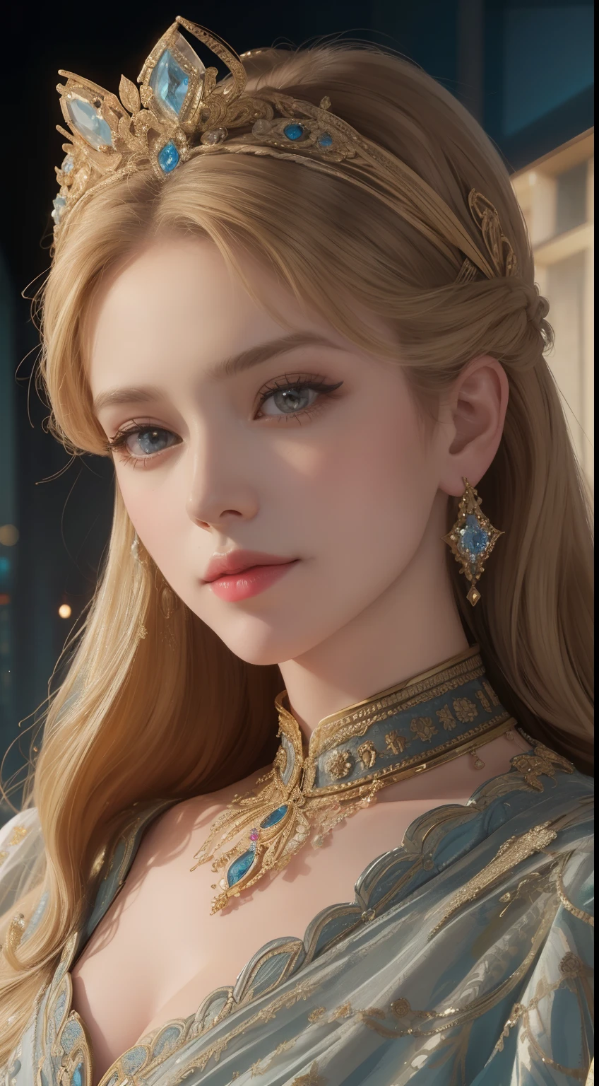 tmasterpiece,Highest image quality,Beautiful bust of a royal lady,Delicate blonde hairstyle,Embellished with a dazzling array of intricate jewelry,super detailing,upscaled。