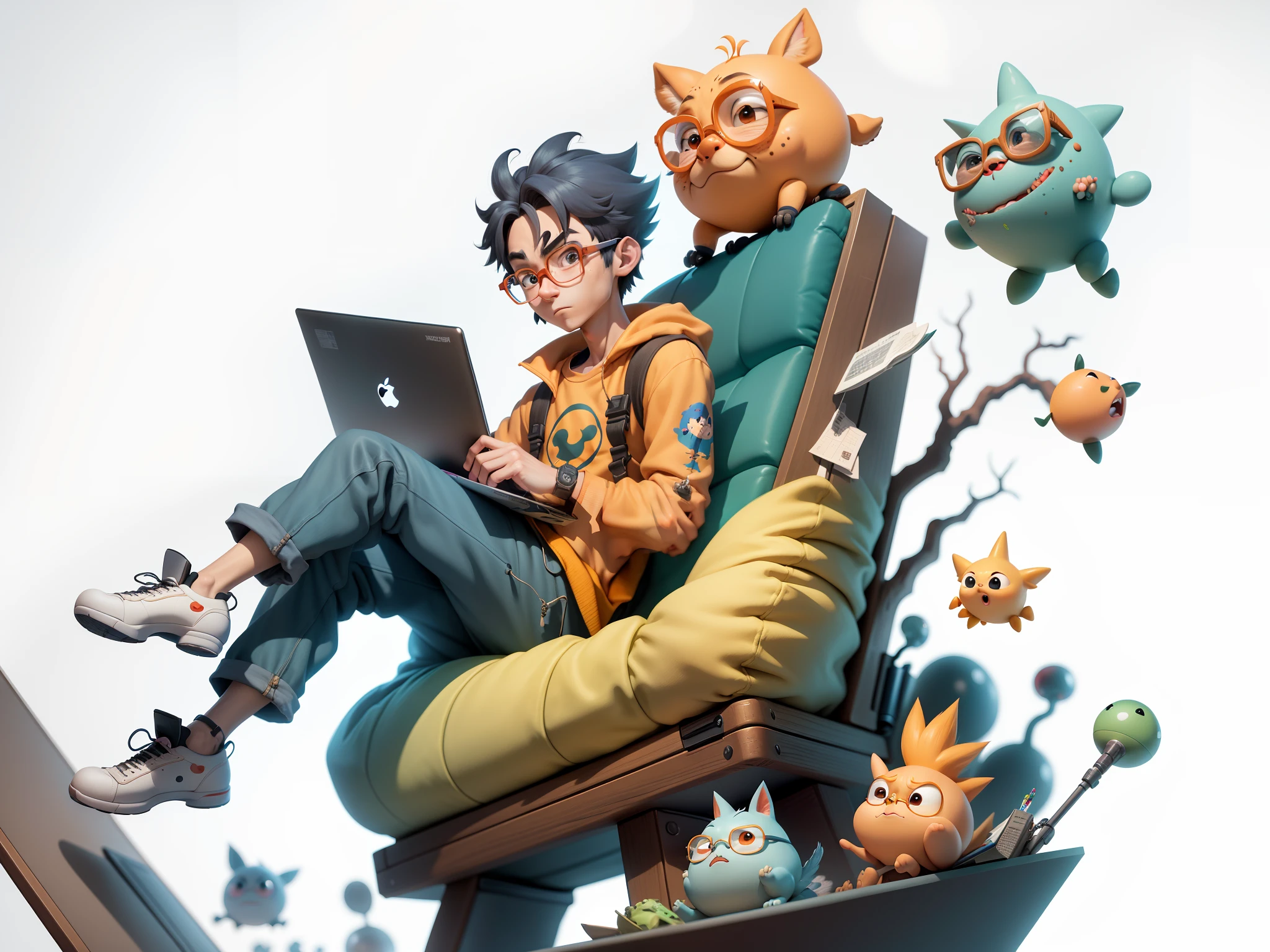 A young man with glasses sits at his desk,holding laptop,digitial painting,3D character design by Mark Clairen and Pixar and Hayao Miyazaki and Akira Toriyama,4K HD illustration,Very detailed facial features and cartoon-style visuals。