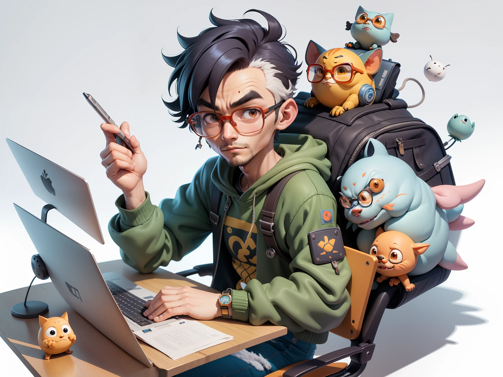 A young man with glasses sits at his desk，holding laptop，digitial painting，3D character design by Mark Clairen and Pixar and Hayao Miyazaki and Akira Toriyama，4K HD illustration，Very detailed facial features and cartoon-style visuals。
