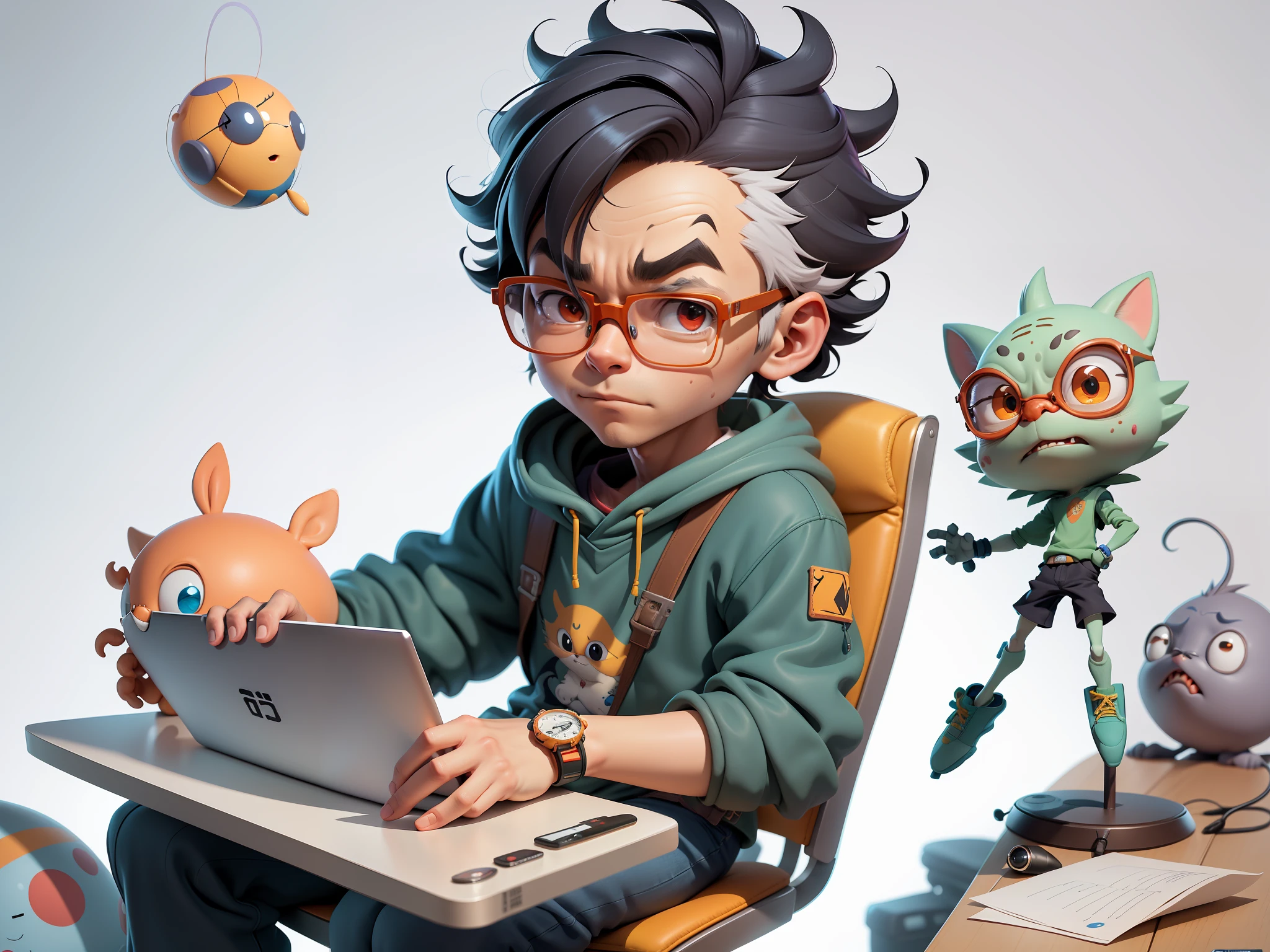 A young man with glasses sits at his desk,holding laptop,digitial painting,3D character design by Mark Clairen and Pixar and Hayao Miyazaki and Akira Toriyama,4K HD illustration,Very detailed facial features and cartoon-style visuals。